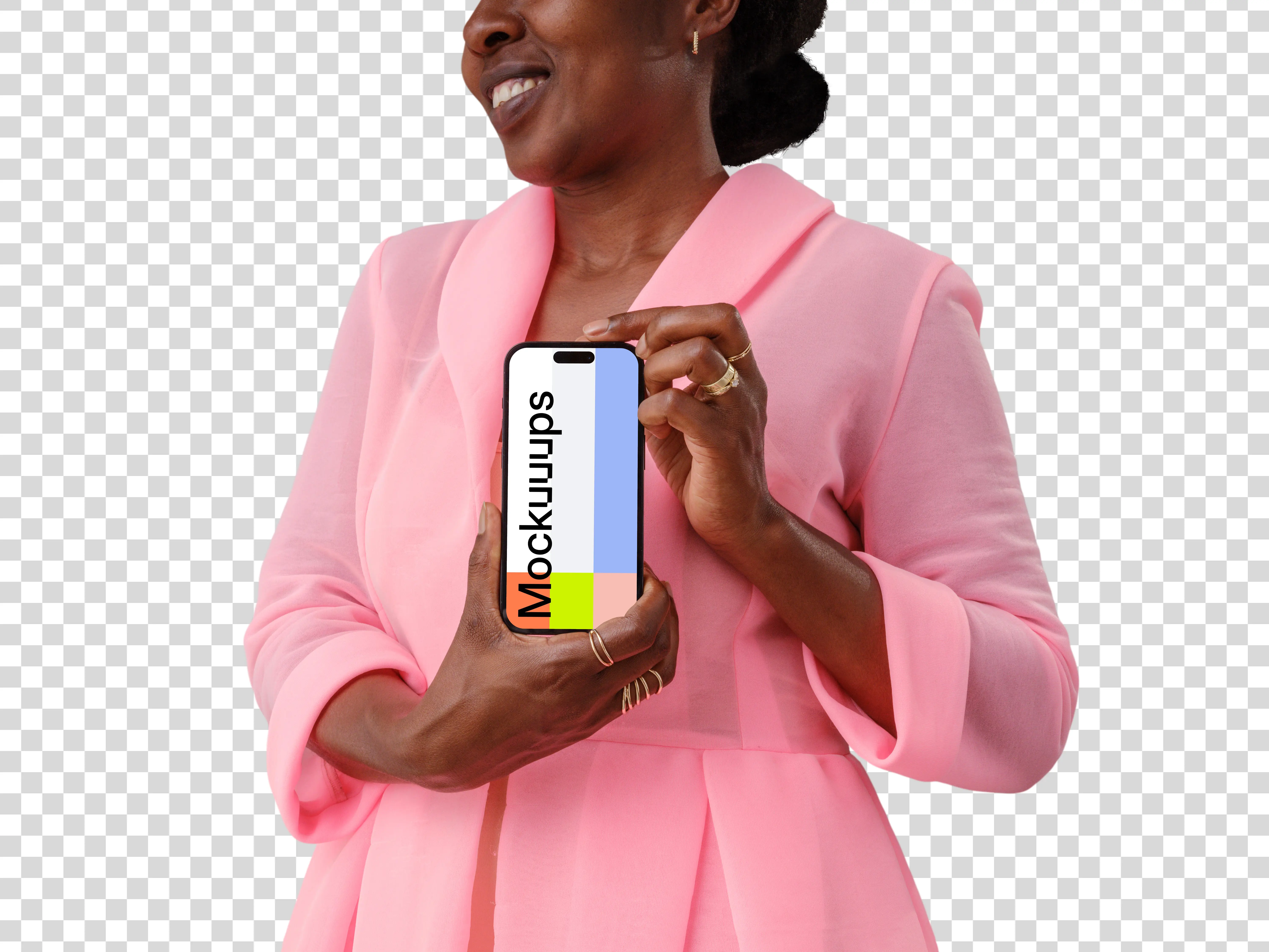 Female entrepreneur holding an iPhone 14 Pro mockup