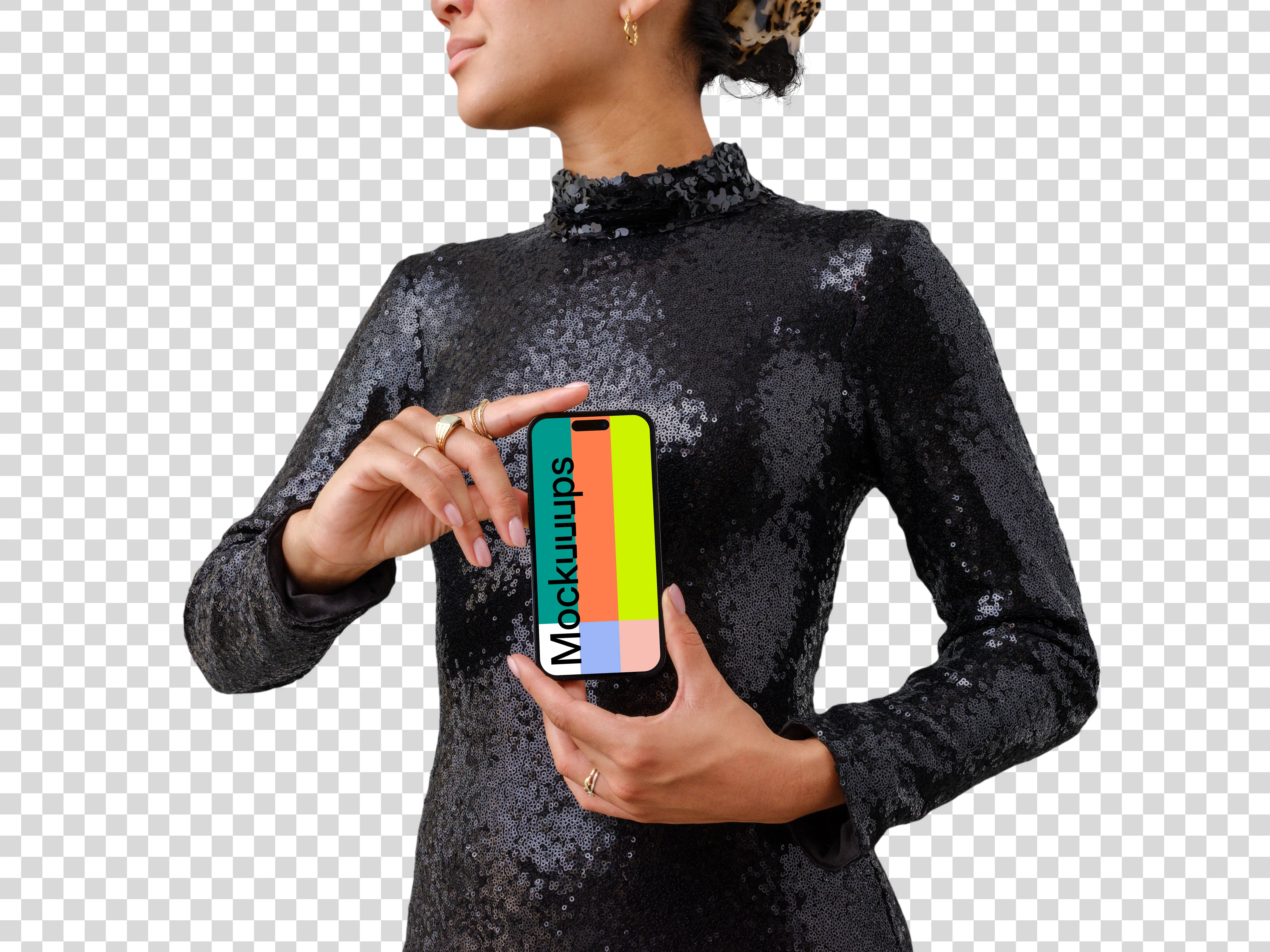 Female in extravagant apparel with an iPhone mockup