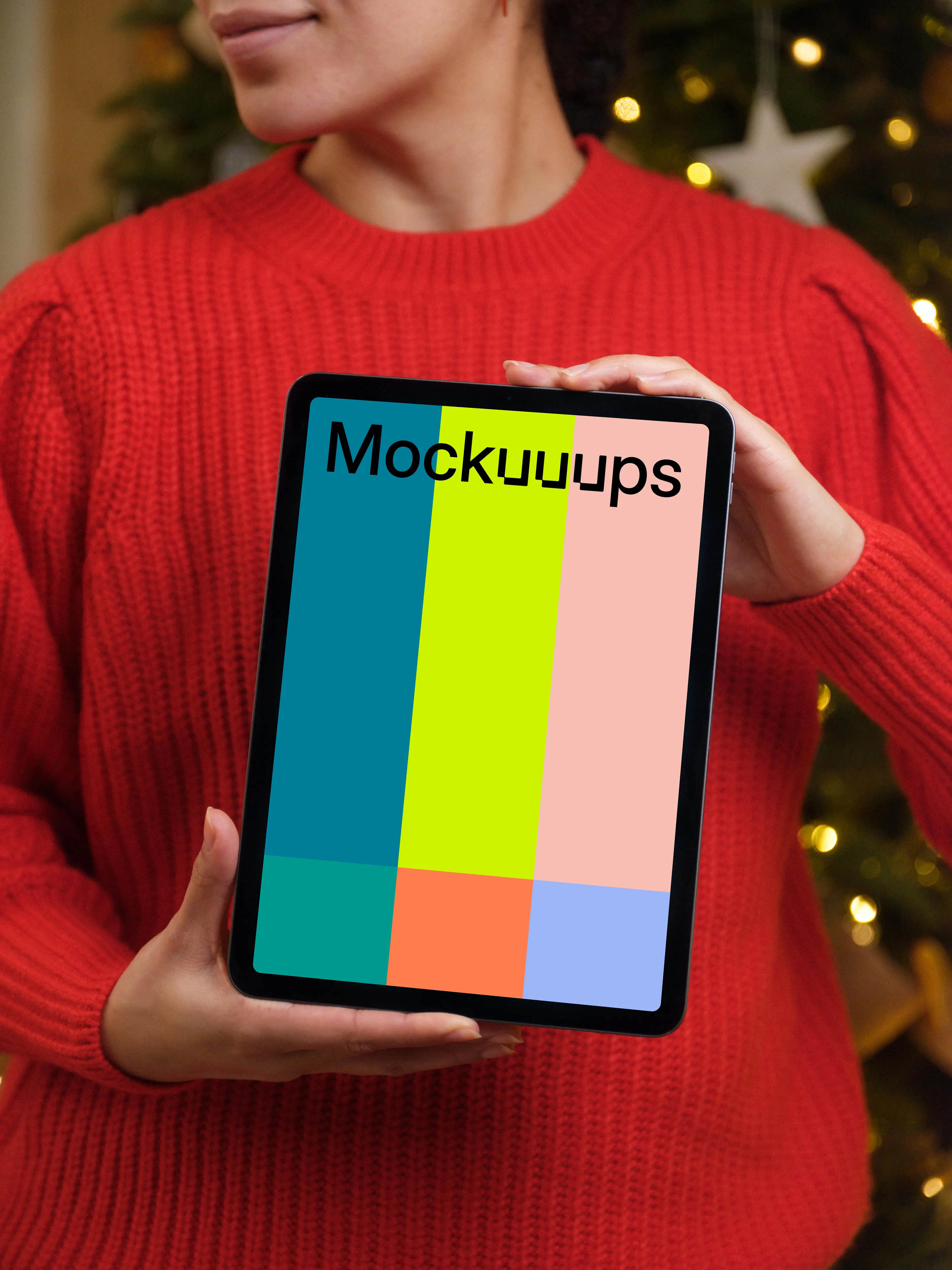Female in red sweater holding an iPad Air mockup