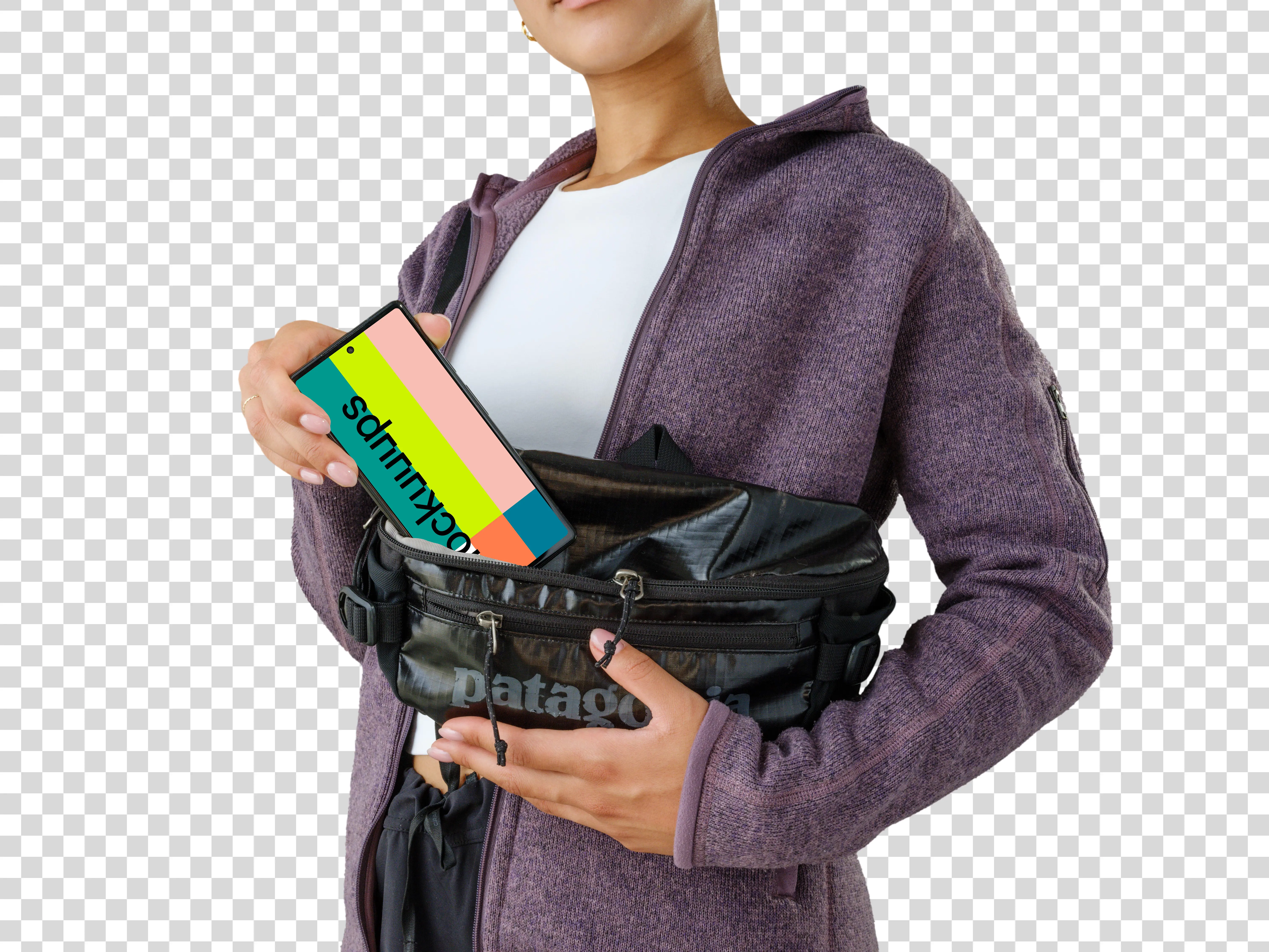 Female in sporty clothes holding a Google Pixel 6 mockup