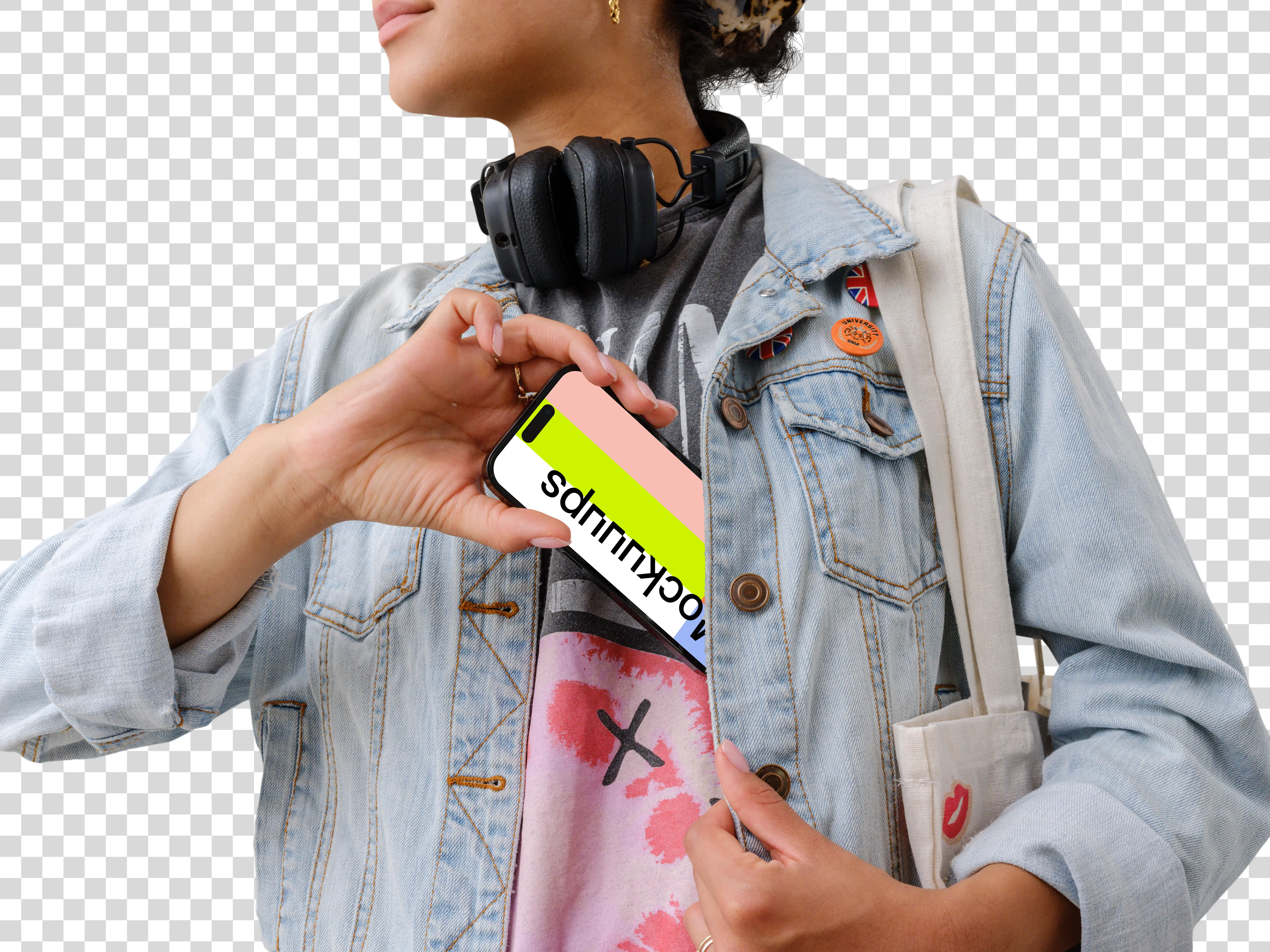 Female student with an iPhone 14 Pro mockup