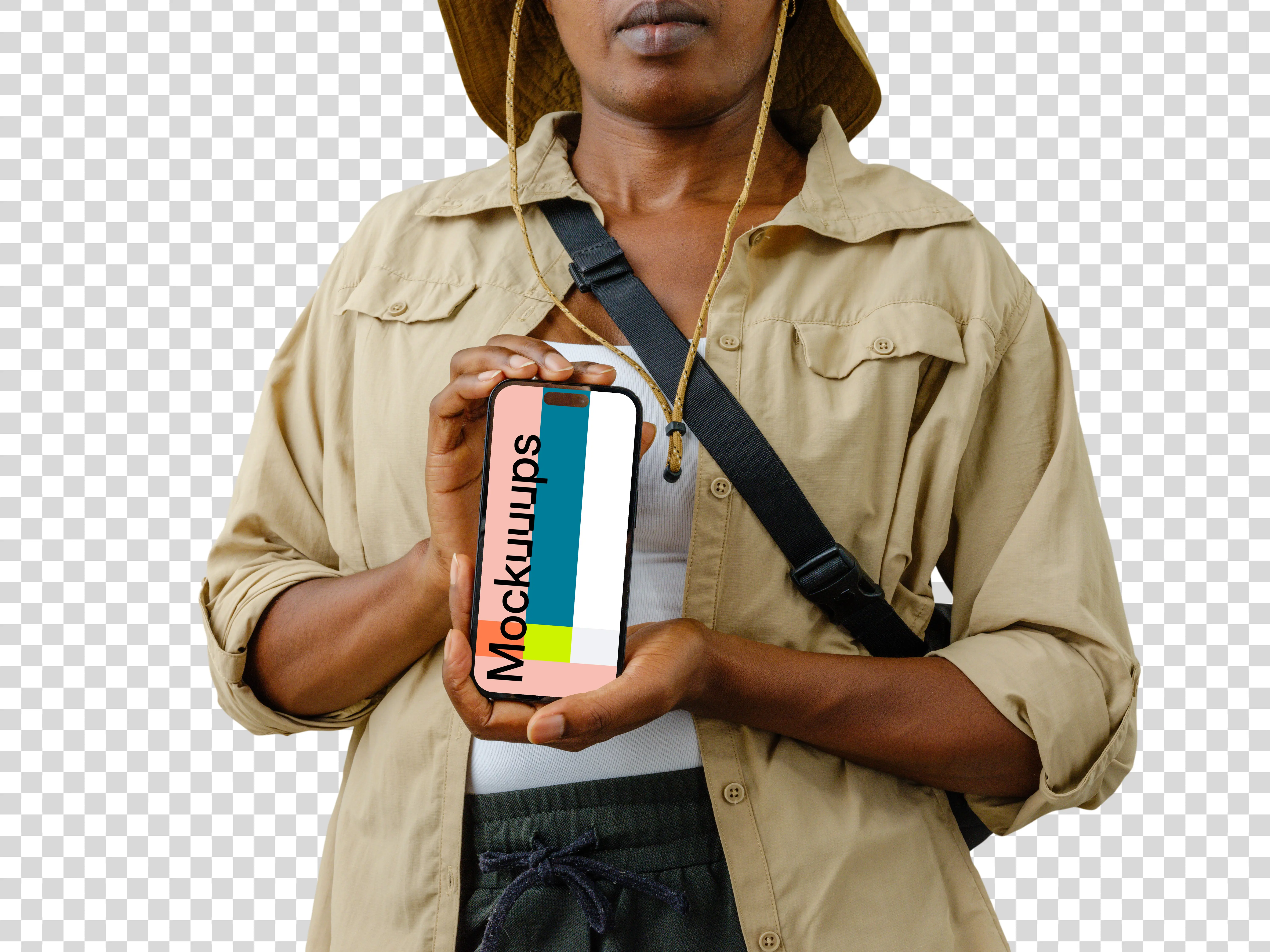 Female tourist holding a phone mockup