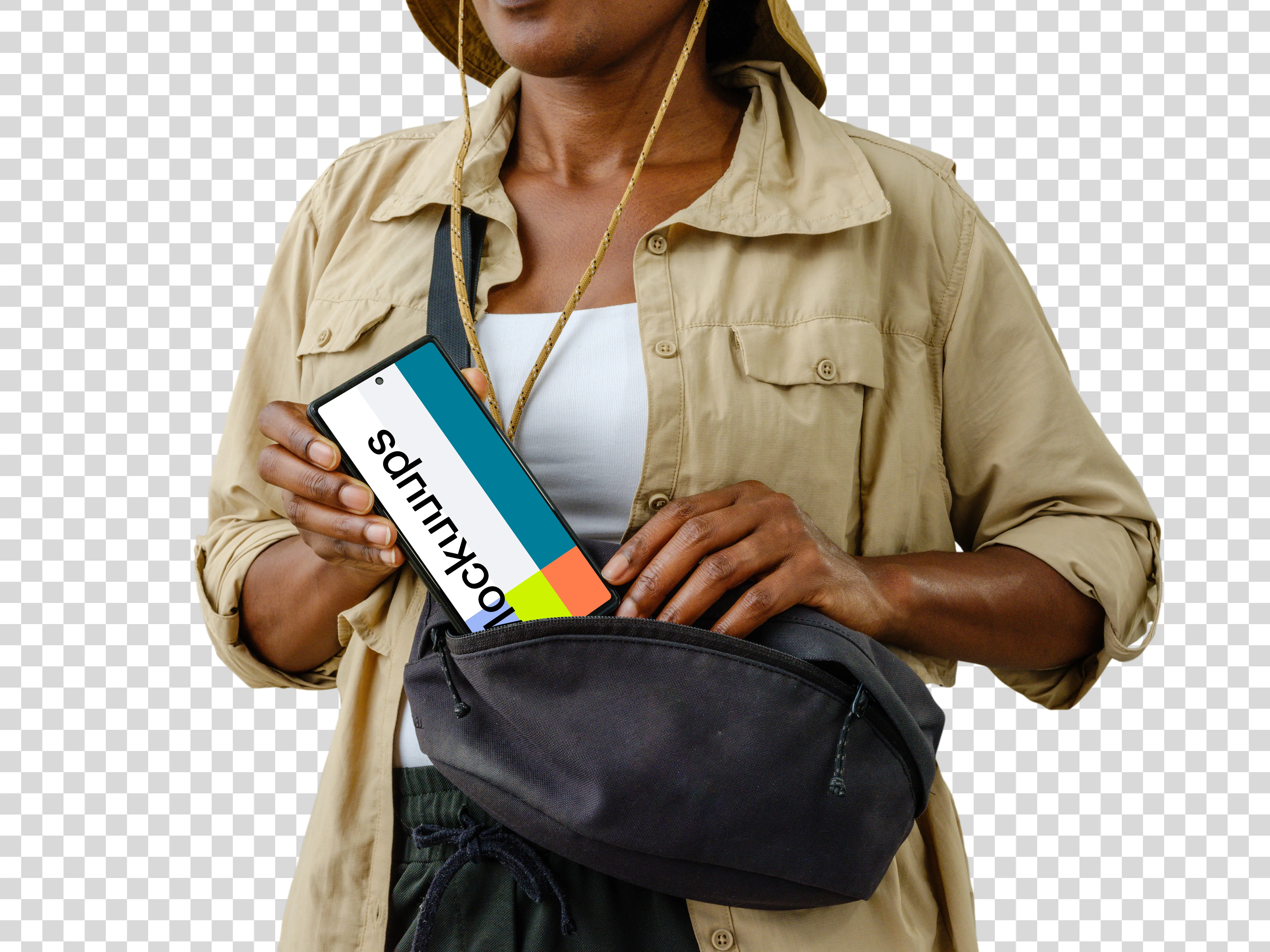 Female tourist with a Google Pixel 6 mockup in her bag