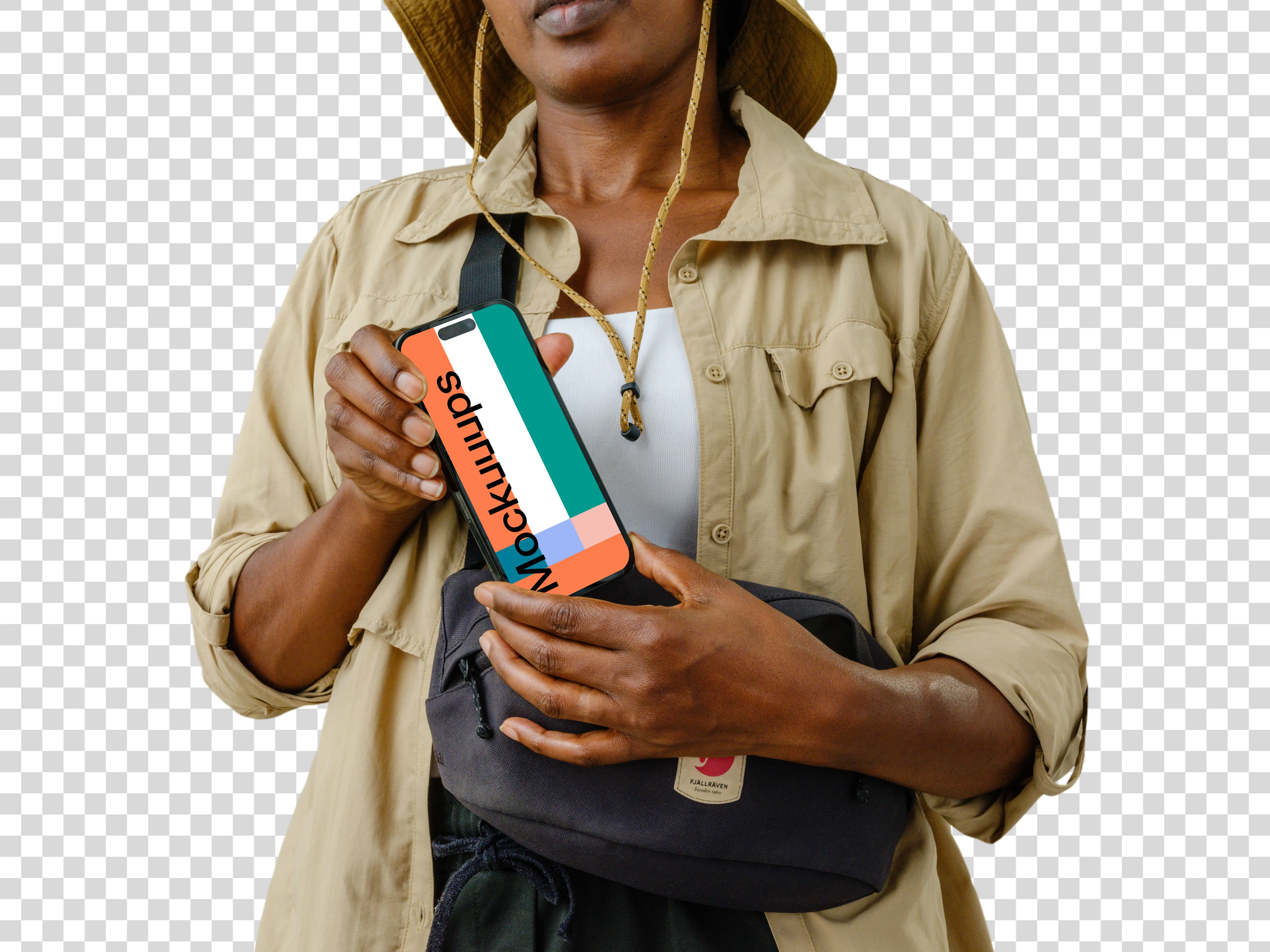 Female tourist with a phone mockup