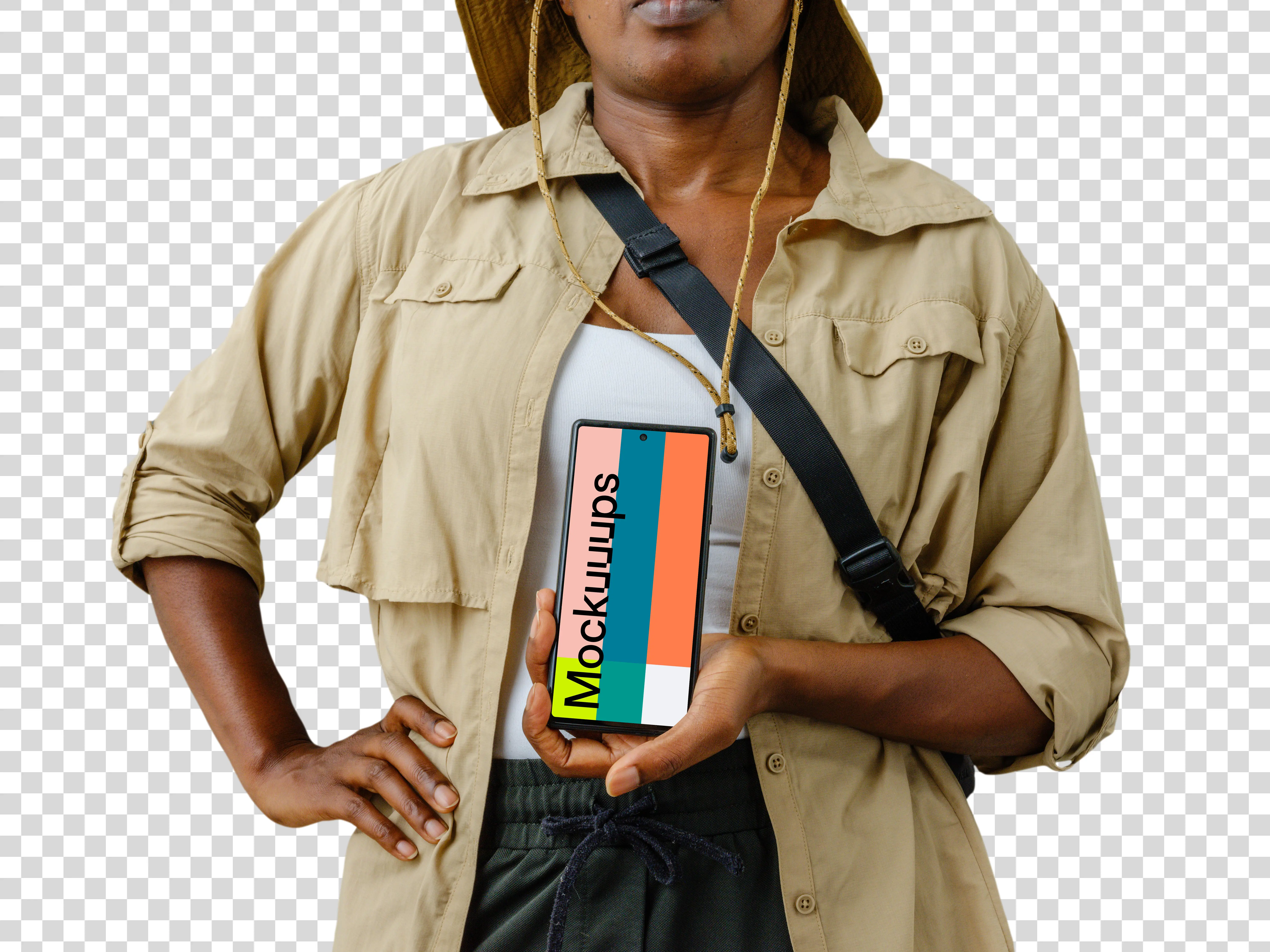 Female traveler holding a Google Pixel 6 mockup