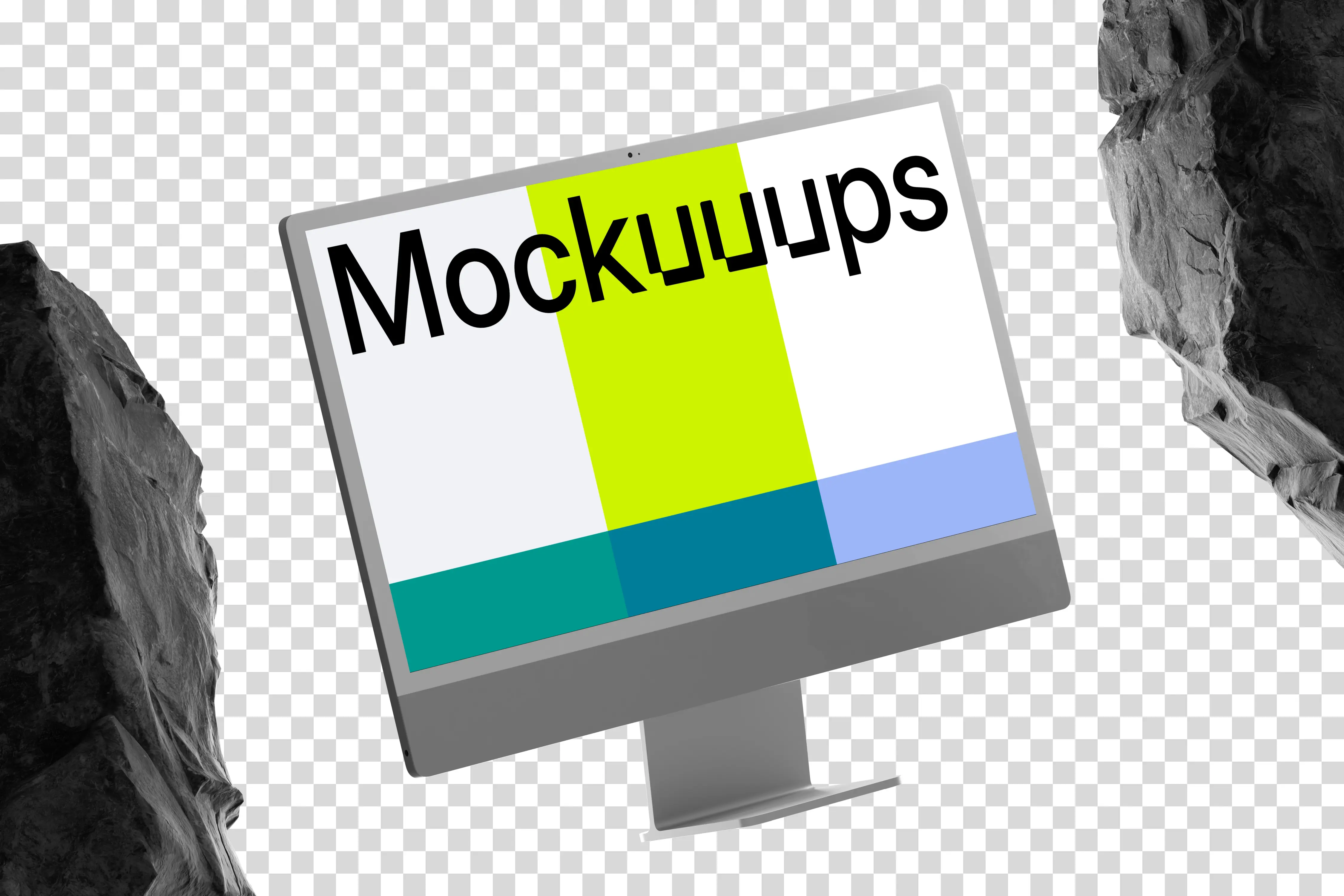 Free iMac mockup with rocky textures and dynamic shadows