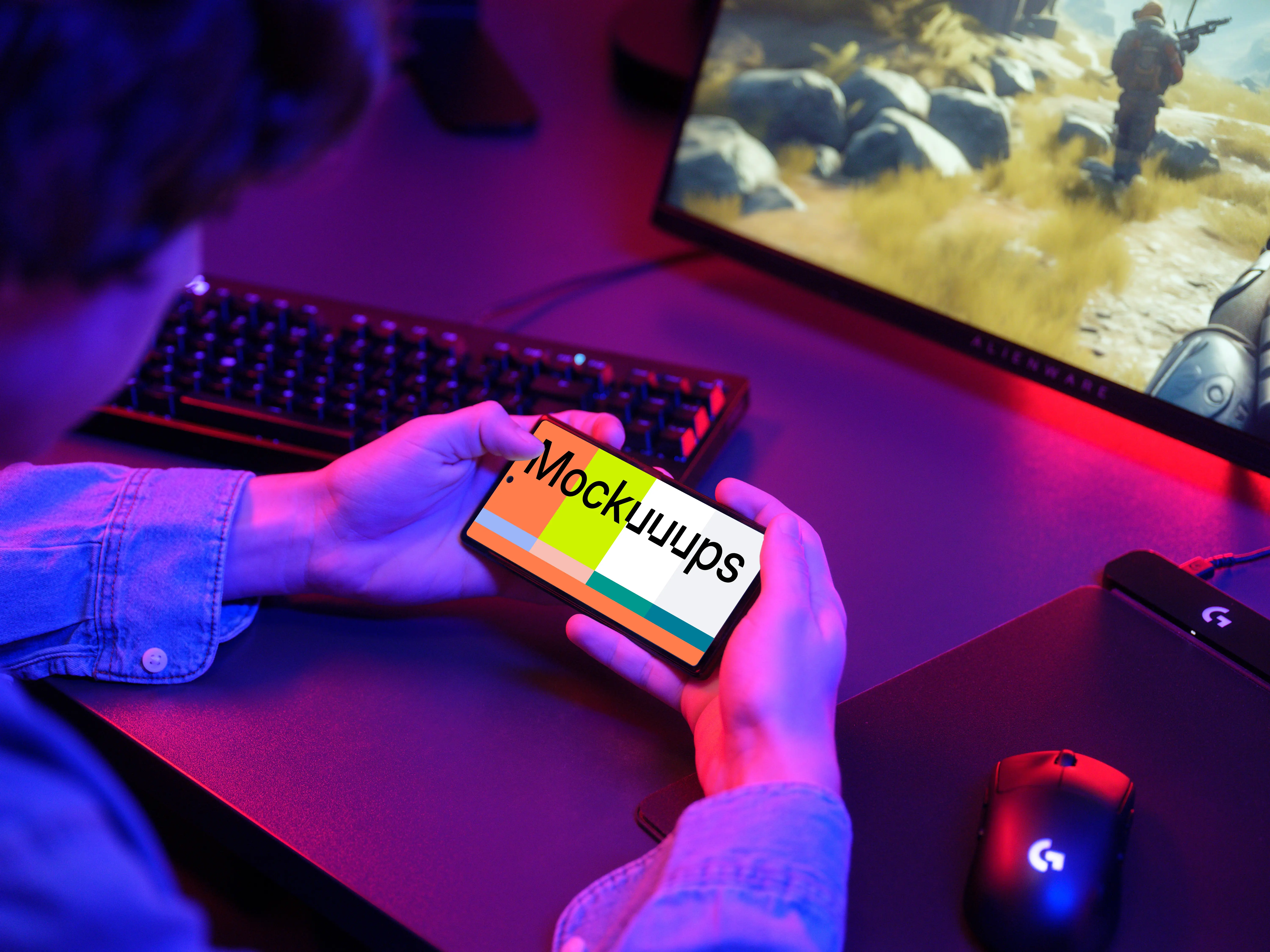 Gaming smartphone mockup in a gamer setup