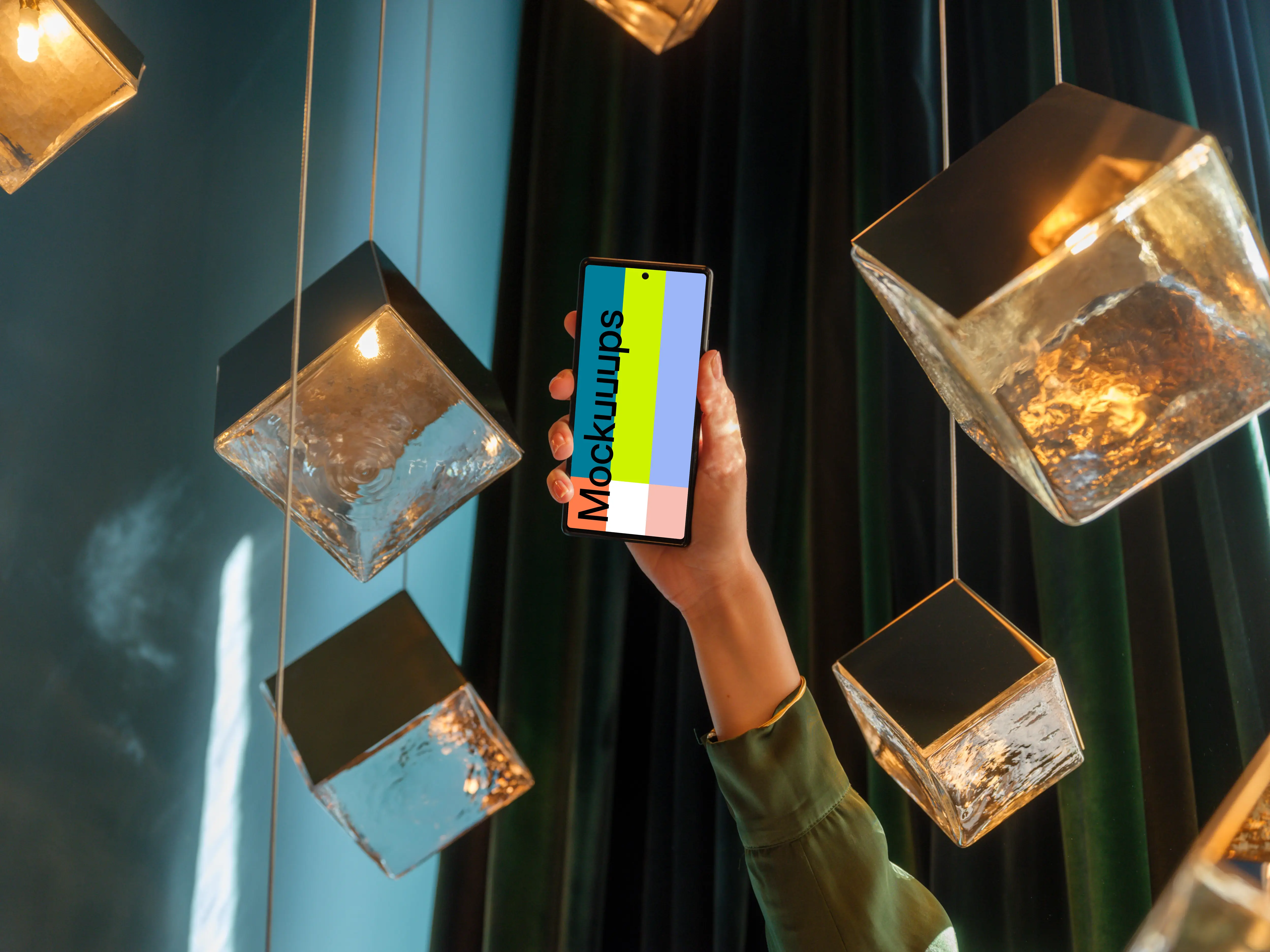 Golden lights in the lounge with Google Pixel mockup