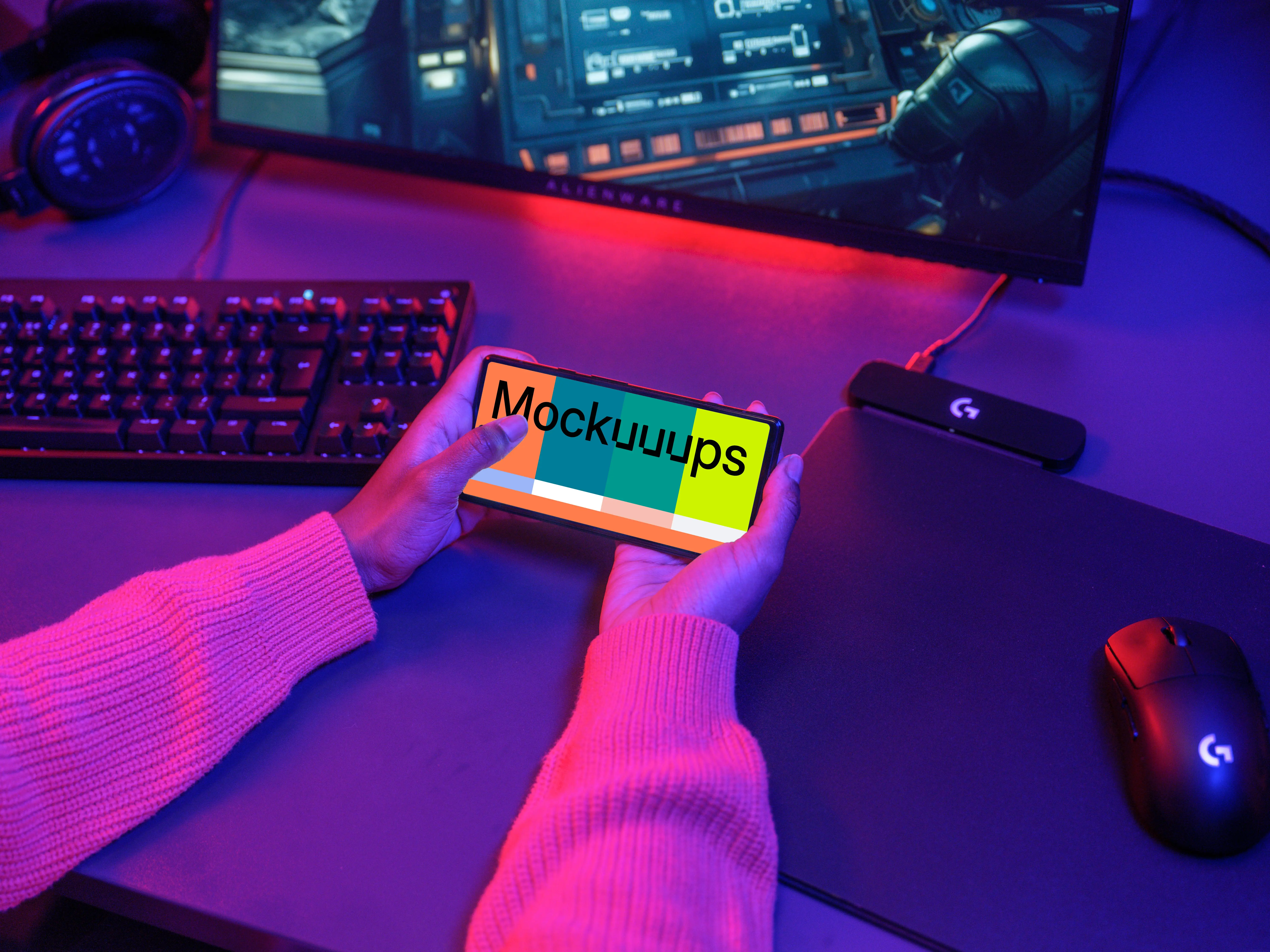 Google Pixel 6 Mockup in a Gamer's Hand with Neon Lights