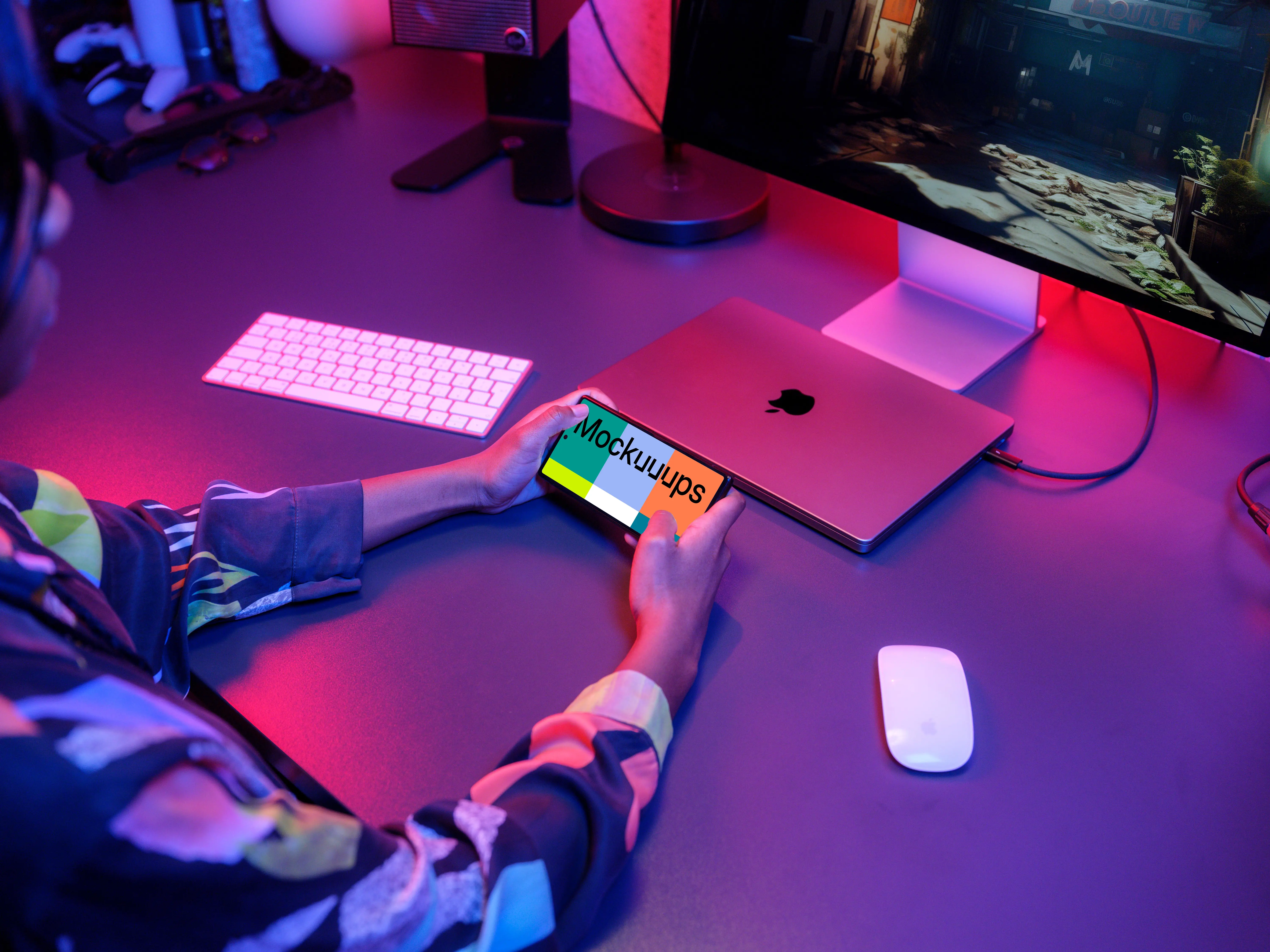 Google Pixel 6 mockup in a neon-lit gaming setup