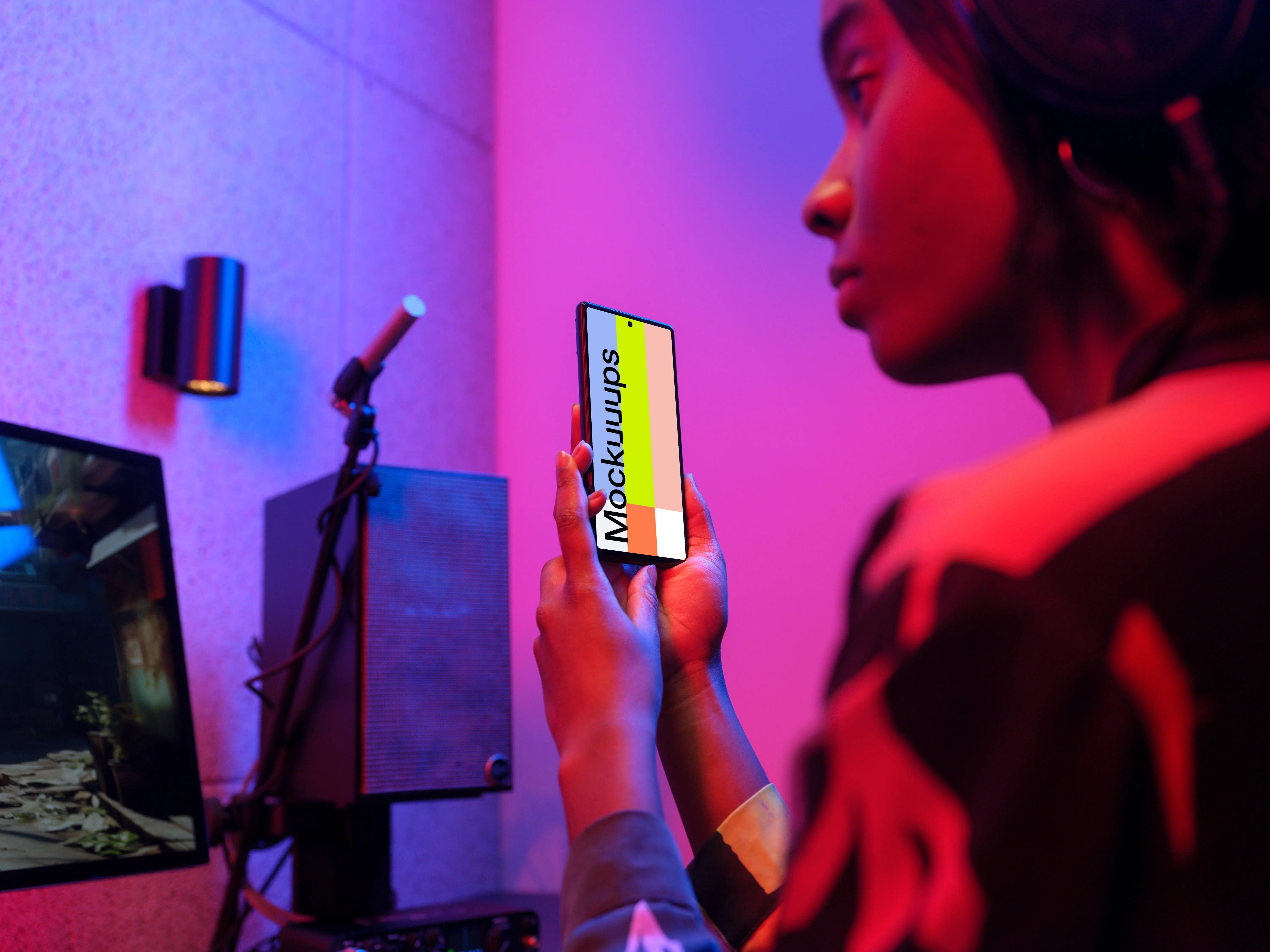 Google Pixel 6 mockup in a vibrant gaming setup