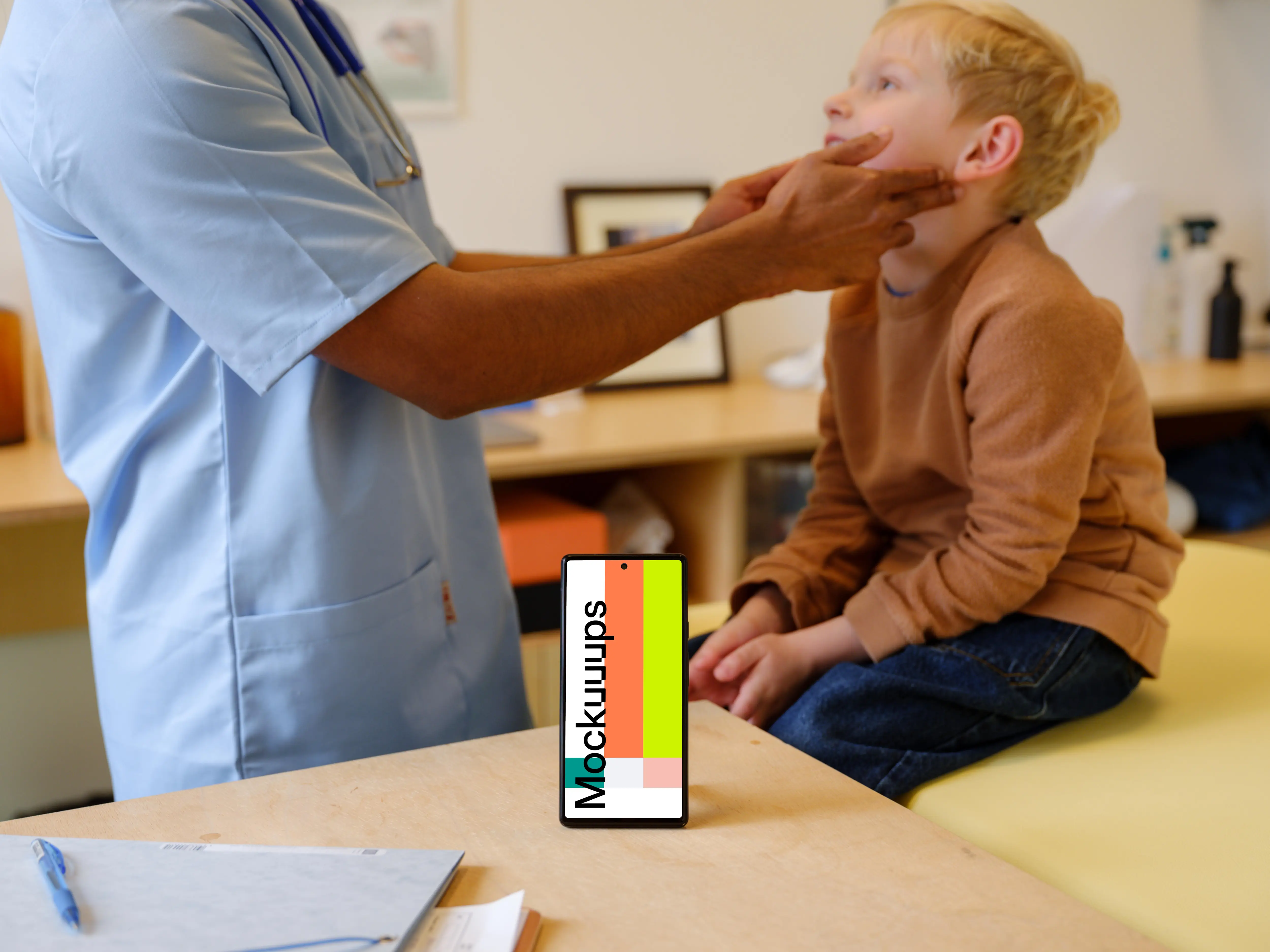 Google Pixel 6 mockup in the children's doctor's office