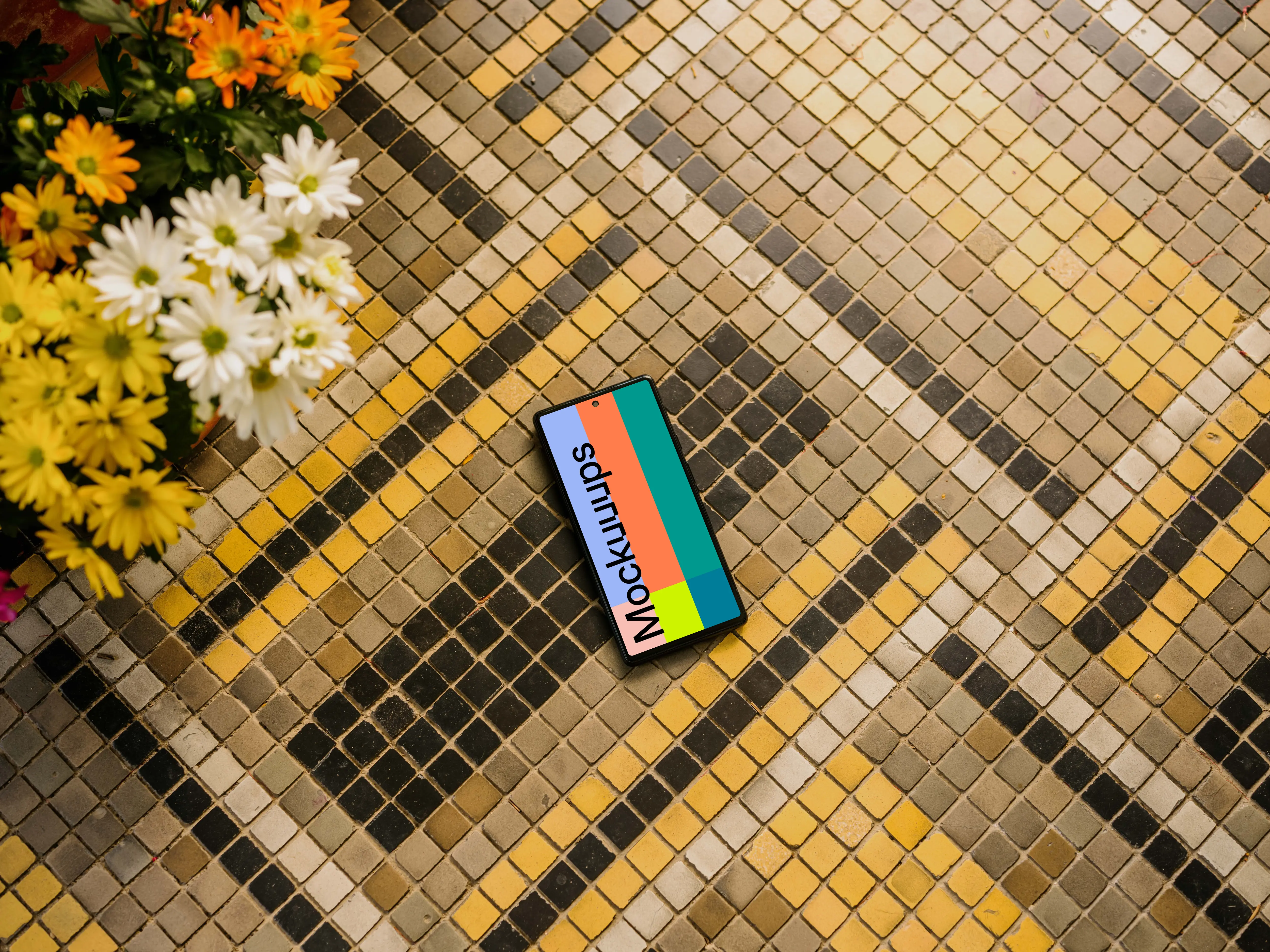 Google Pixel 6 mockup on a stone paving