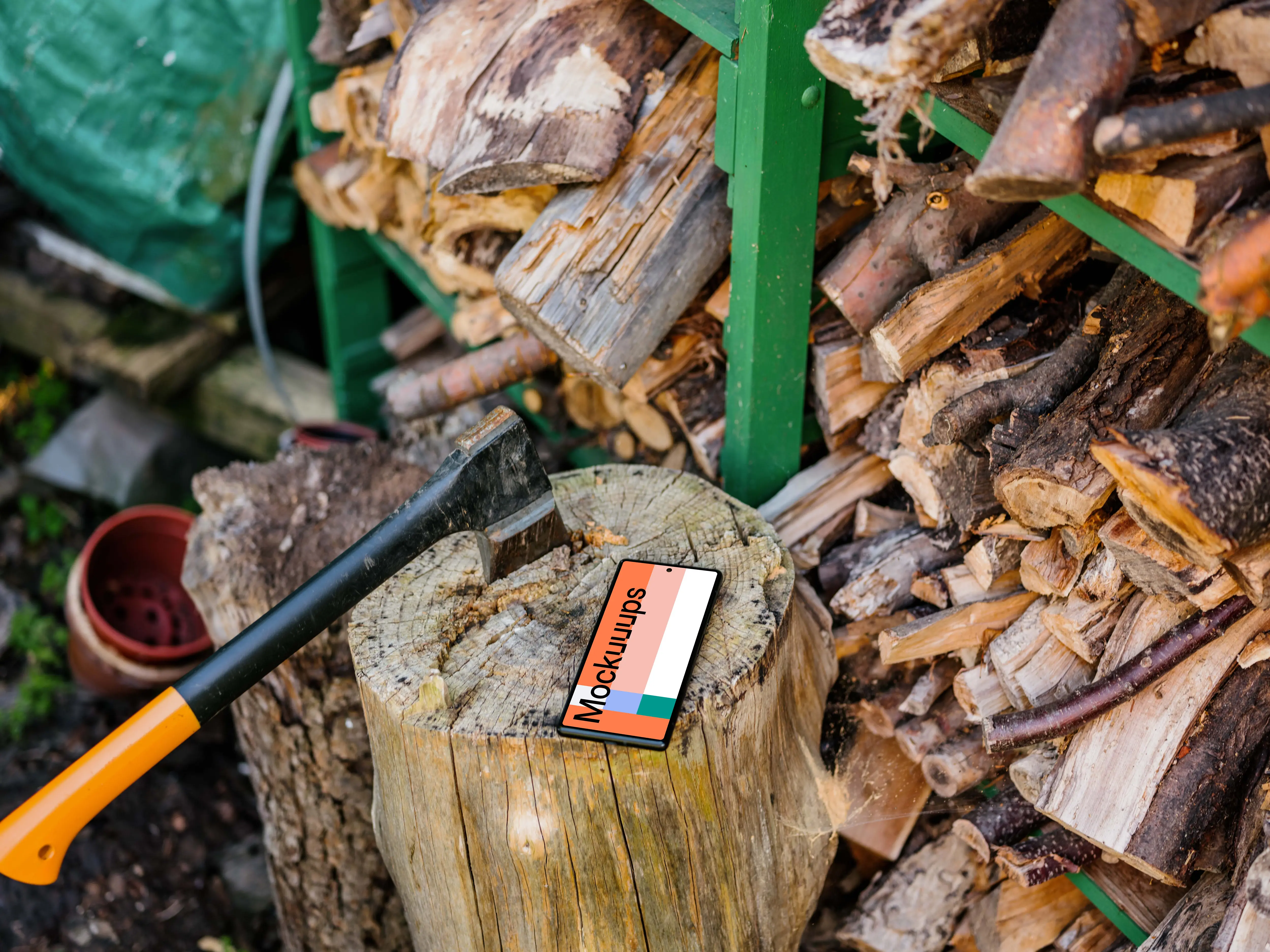 Google Pixel 6 mockup on a wooden stump