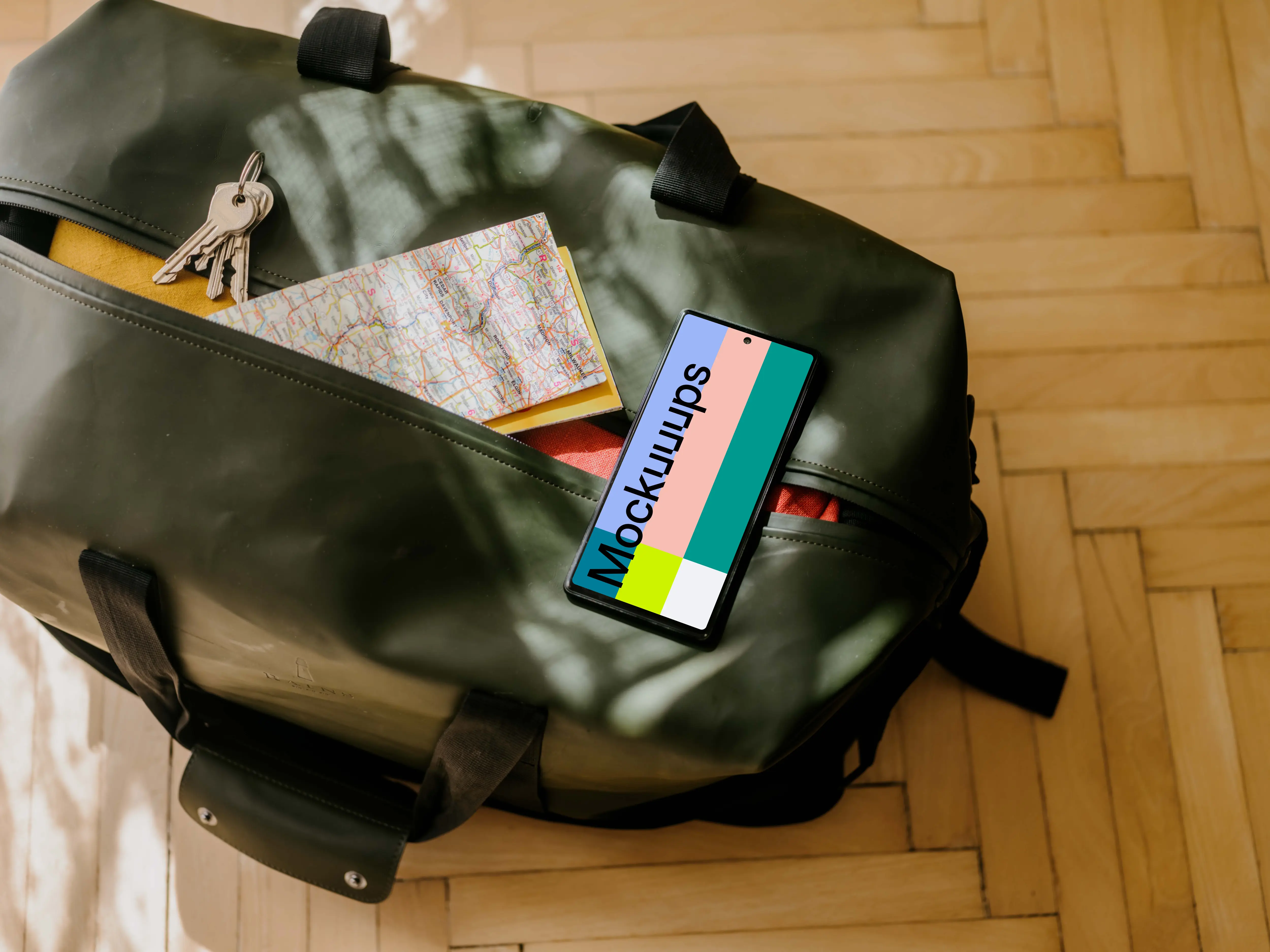 Google Pixel 6 mockup on travel bag