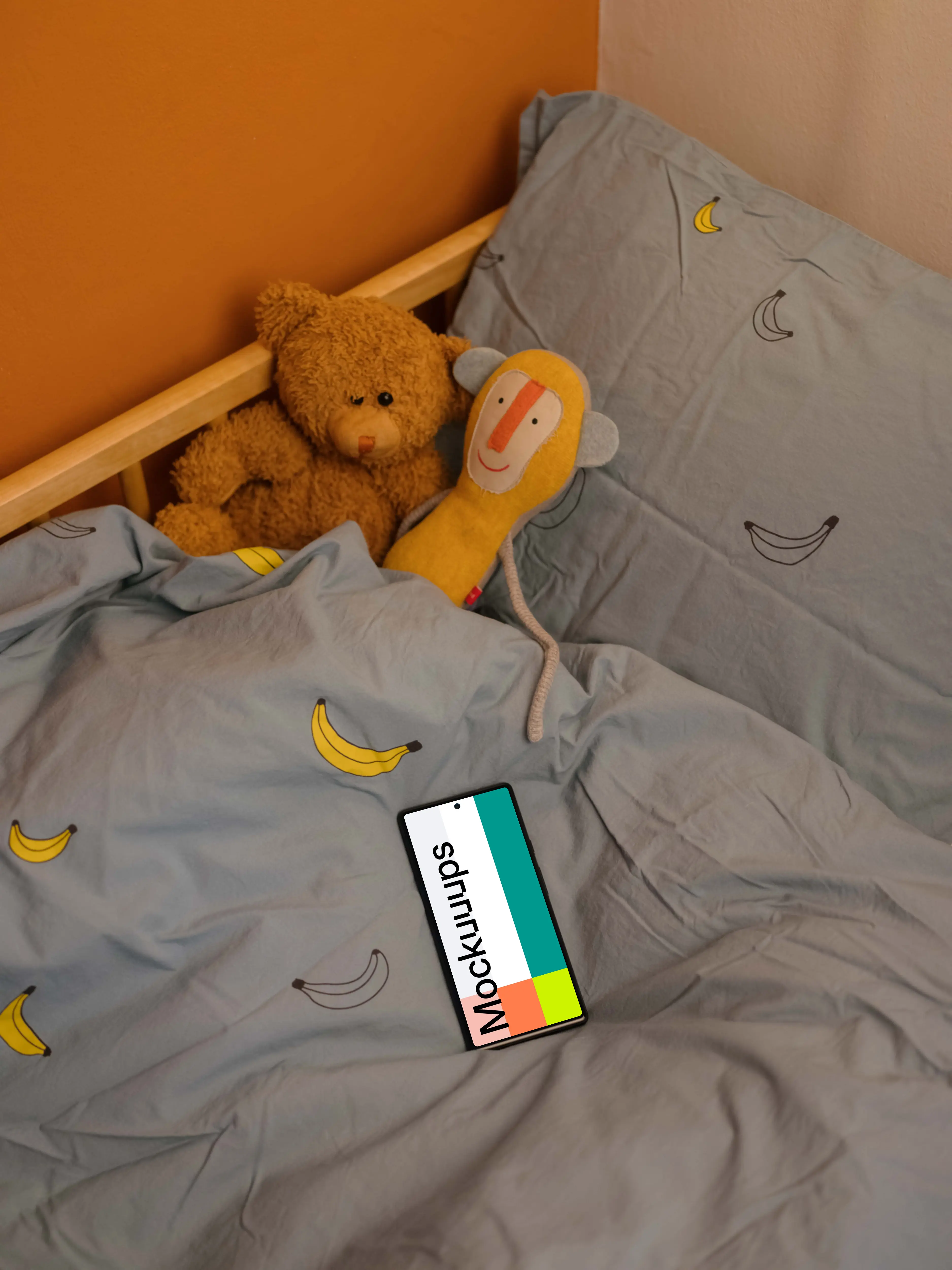 Google Pixel mockup on bed sheets