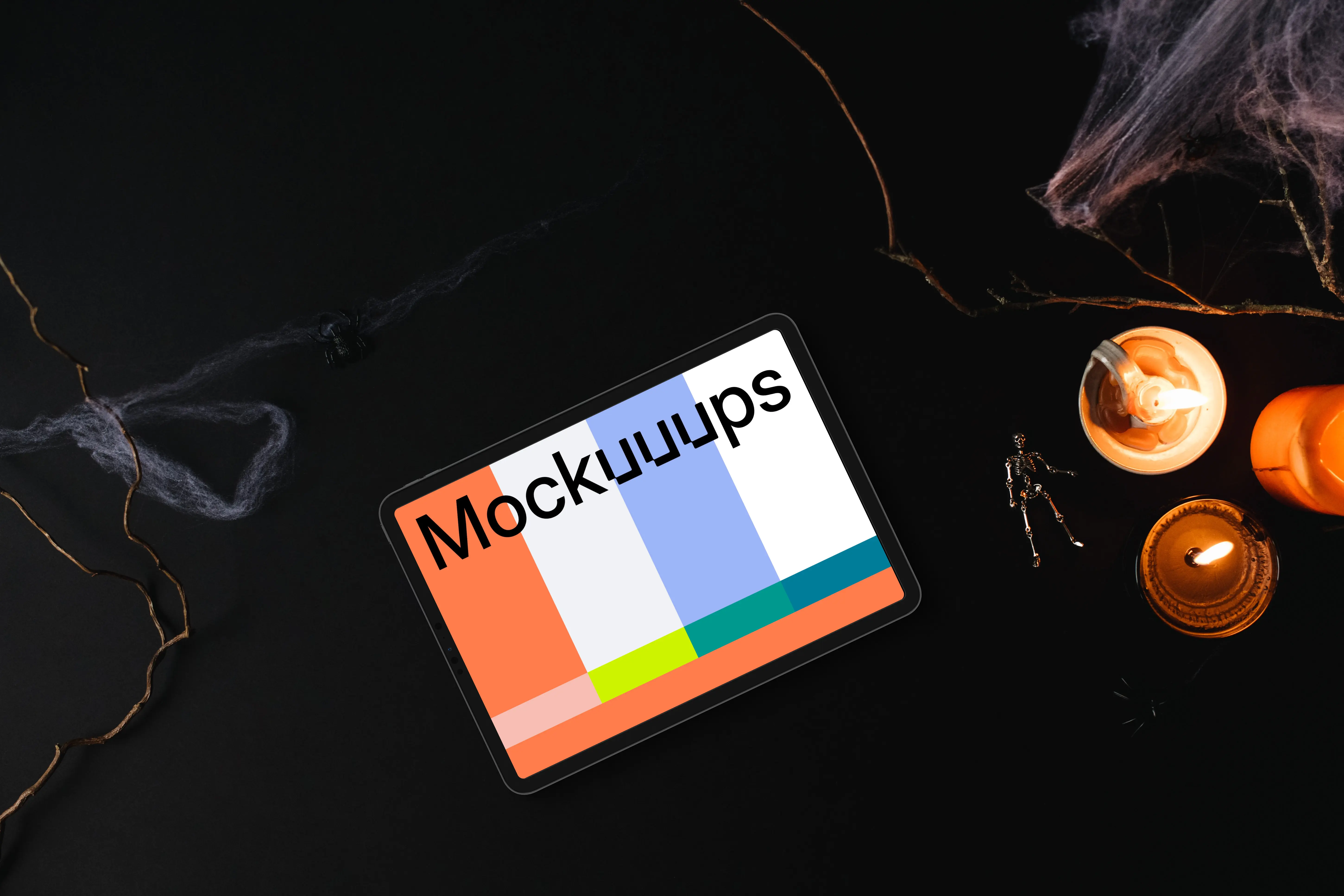 Halloween pumpkin mockup with a landscape tablet mockup