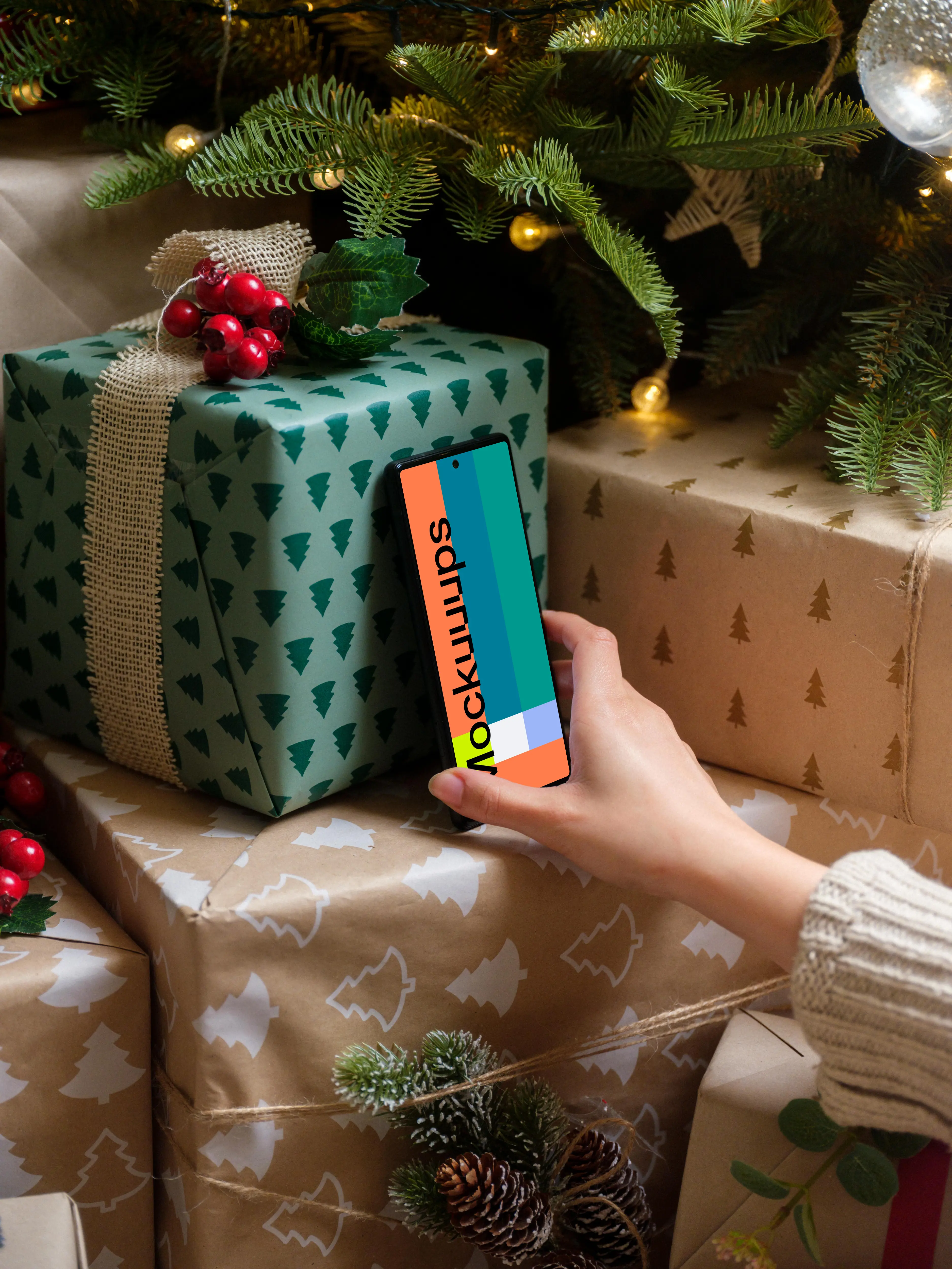 Hand holding a phone mockup under the Christmas tree
