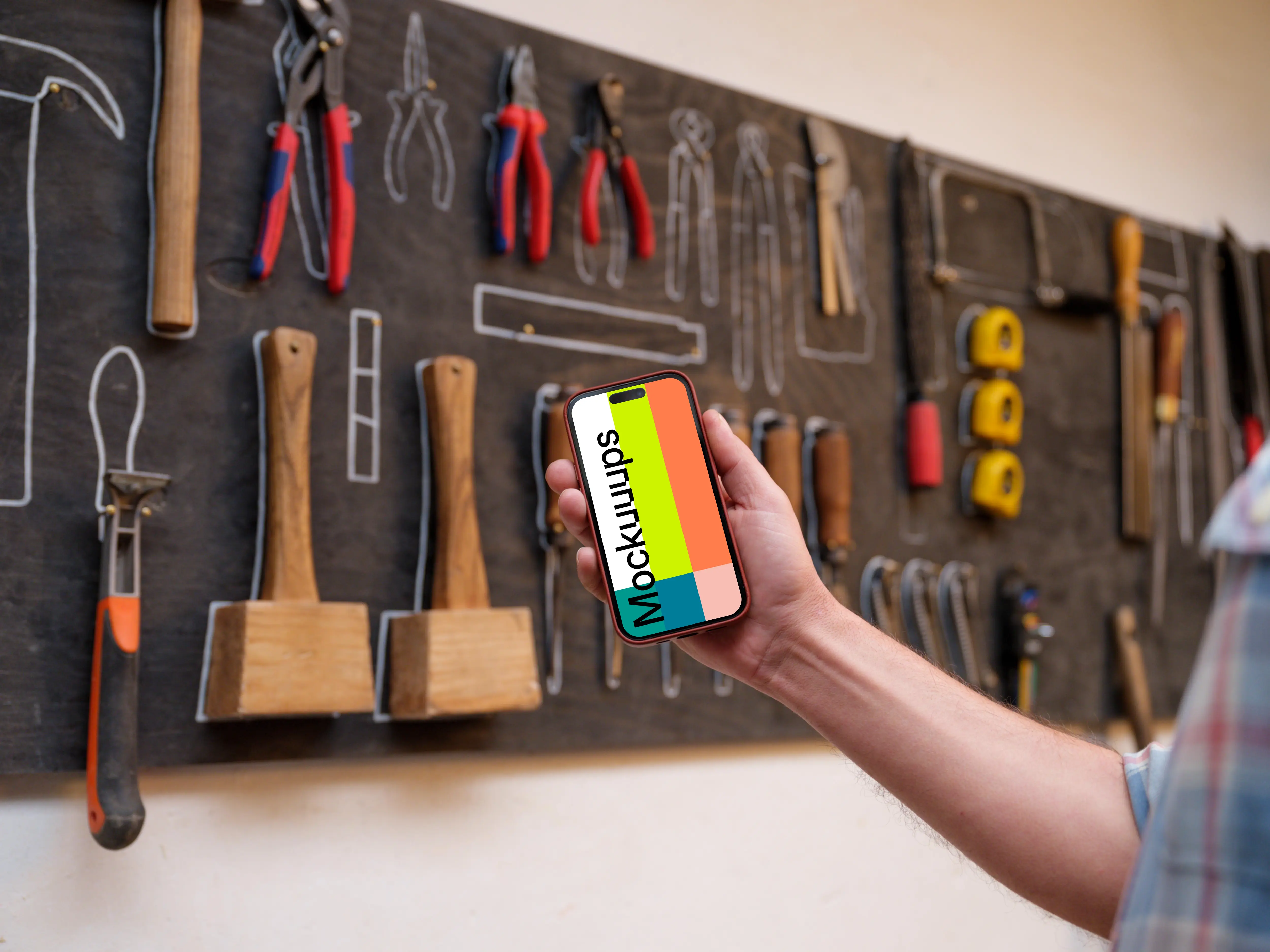 Hand holding an iPhone mockup in front of wall with tools
