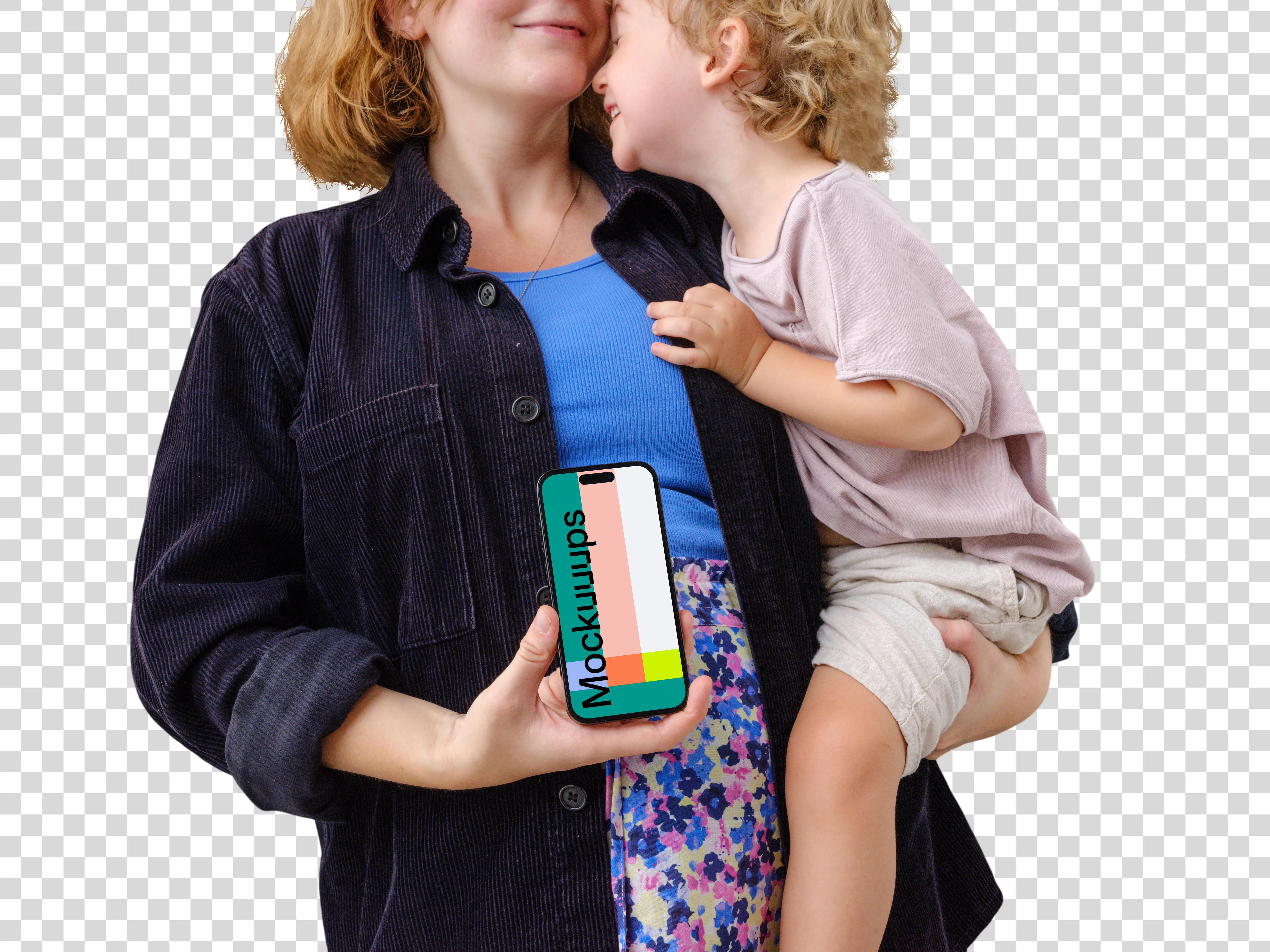 Happy mother-child moment with an iPhone mockup
