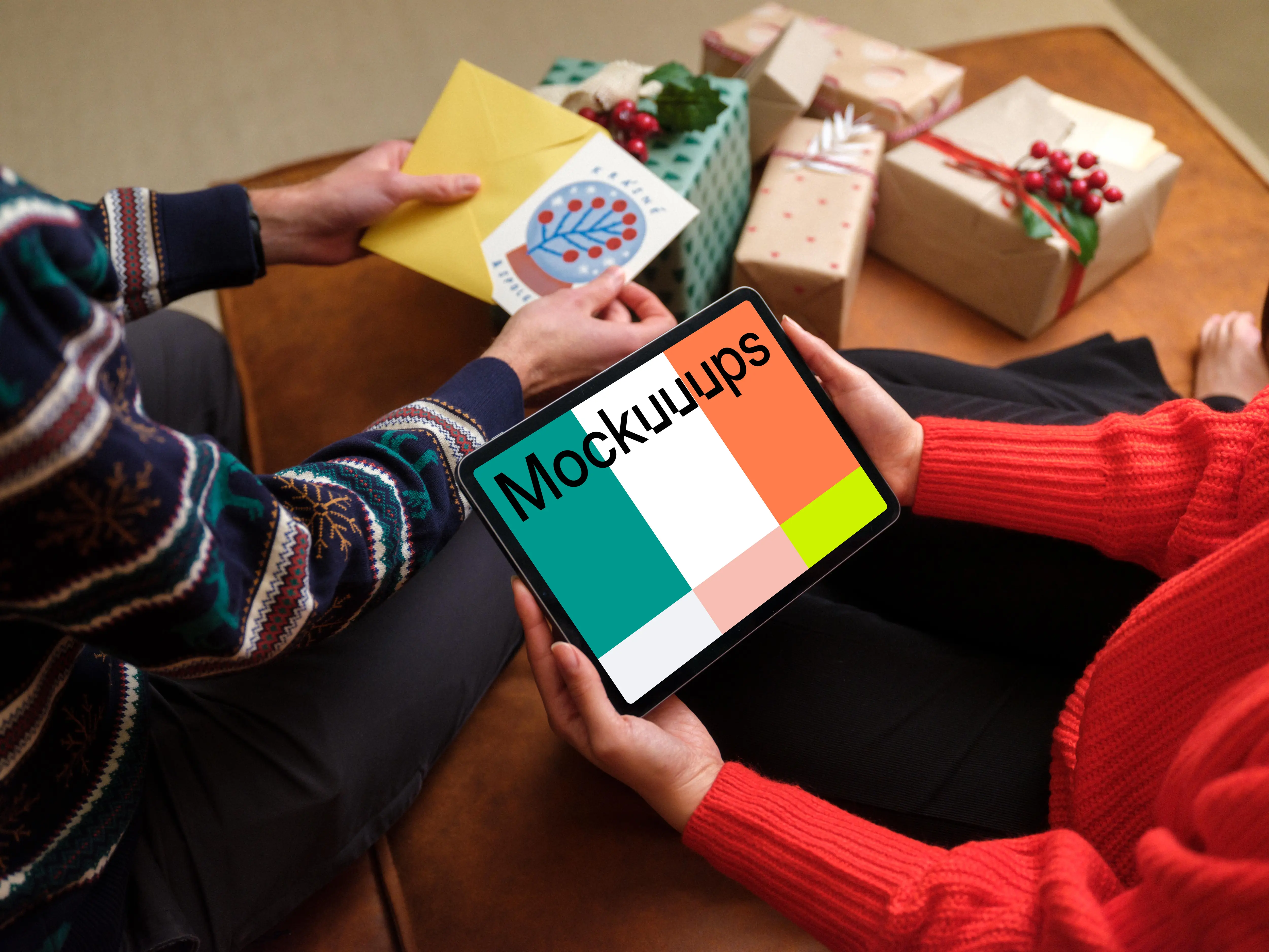 Holding iPad mockup and unpacking Christmas presents