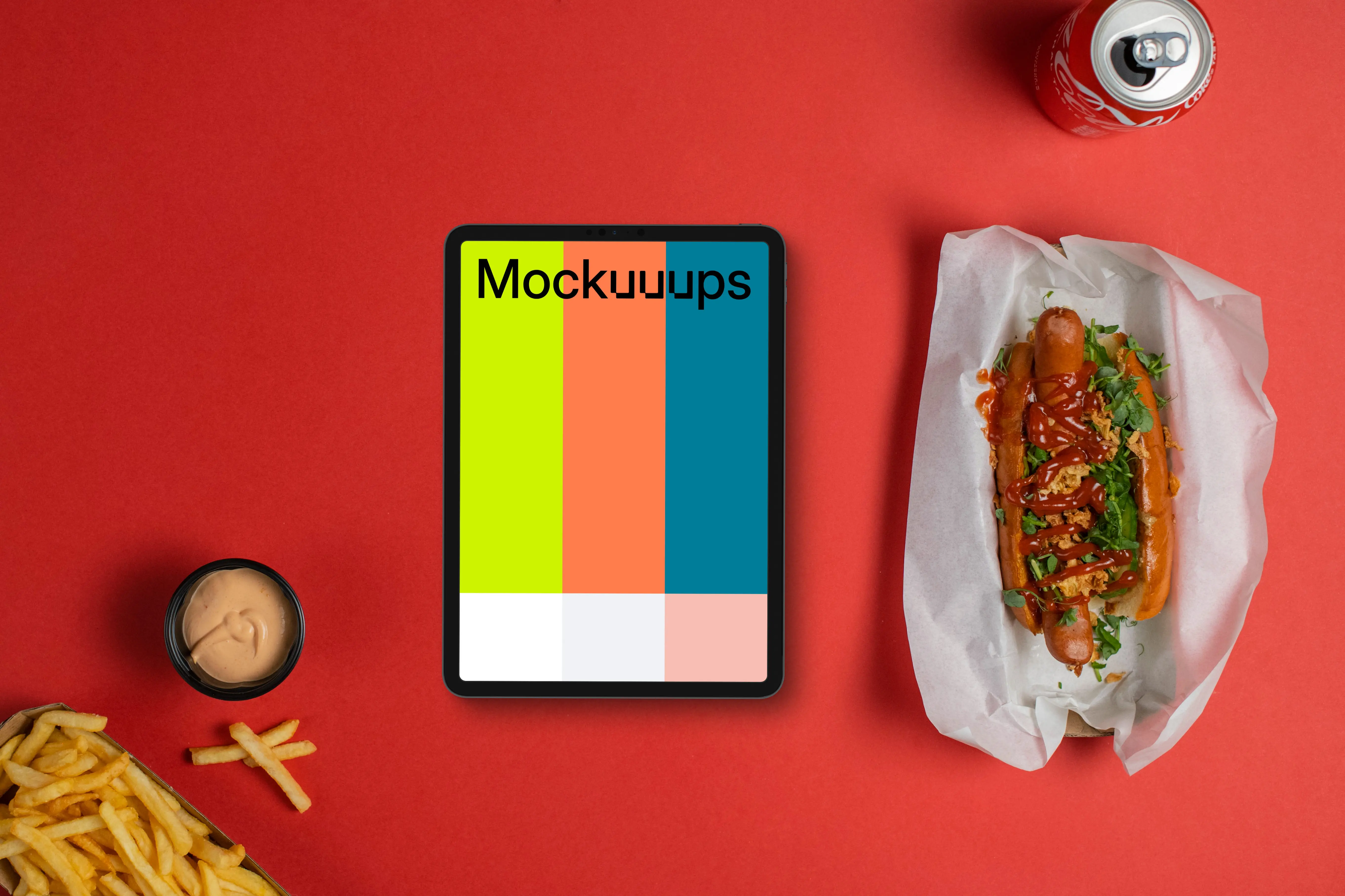 Hot dog next to the tablet mockup