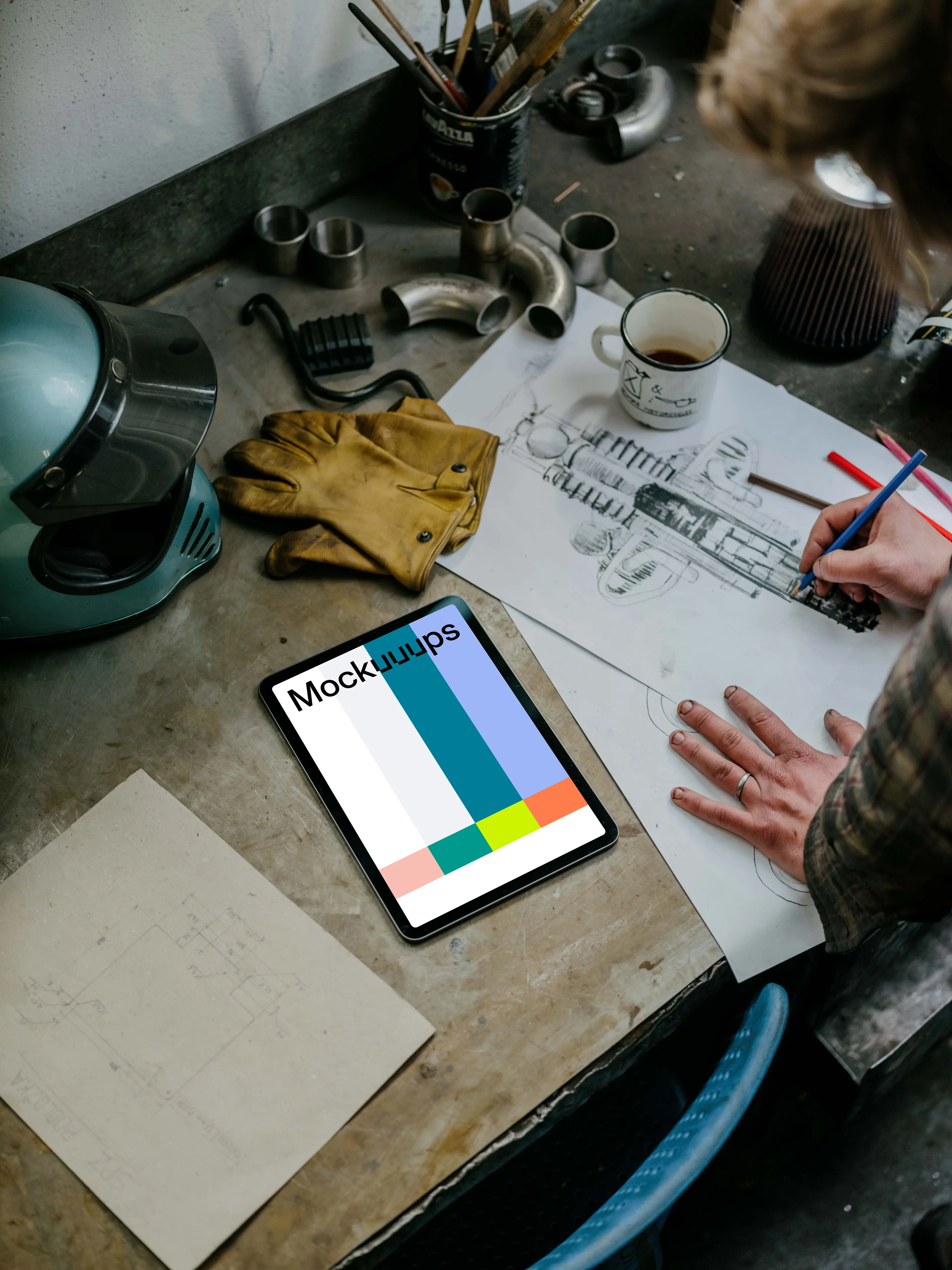iPad Air mockup beside a technical drawing