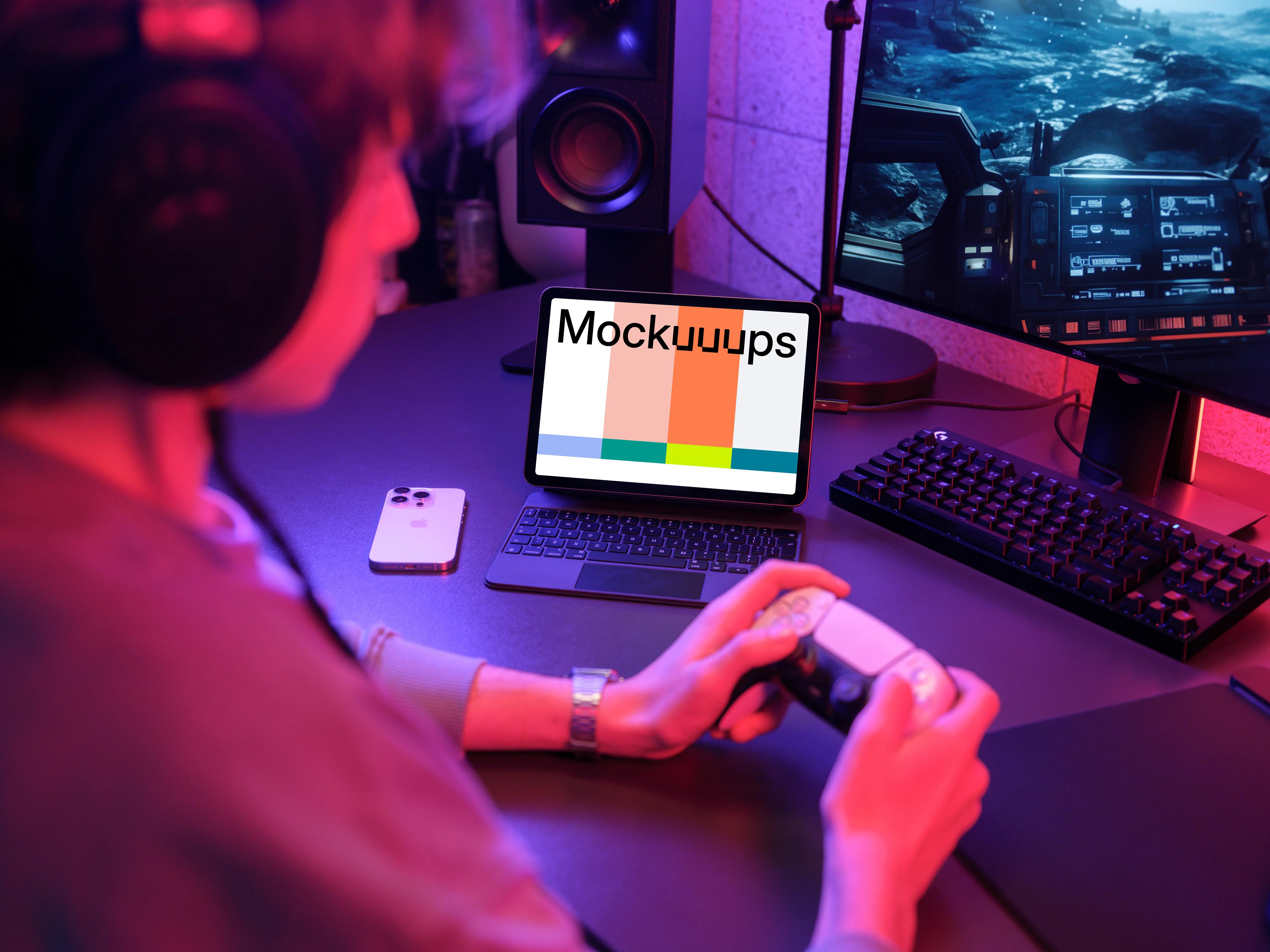 iPad Air mockup in a gaming setup with ambient lighting