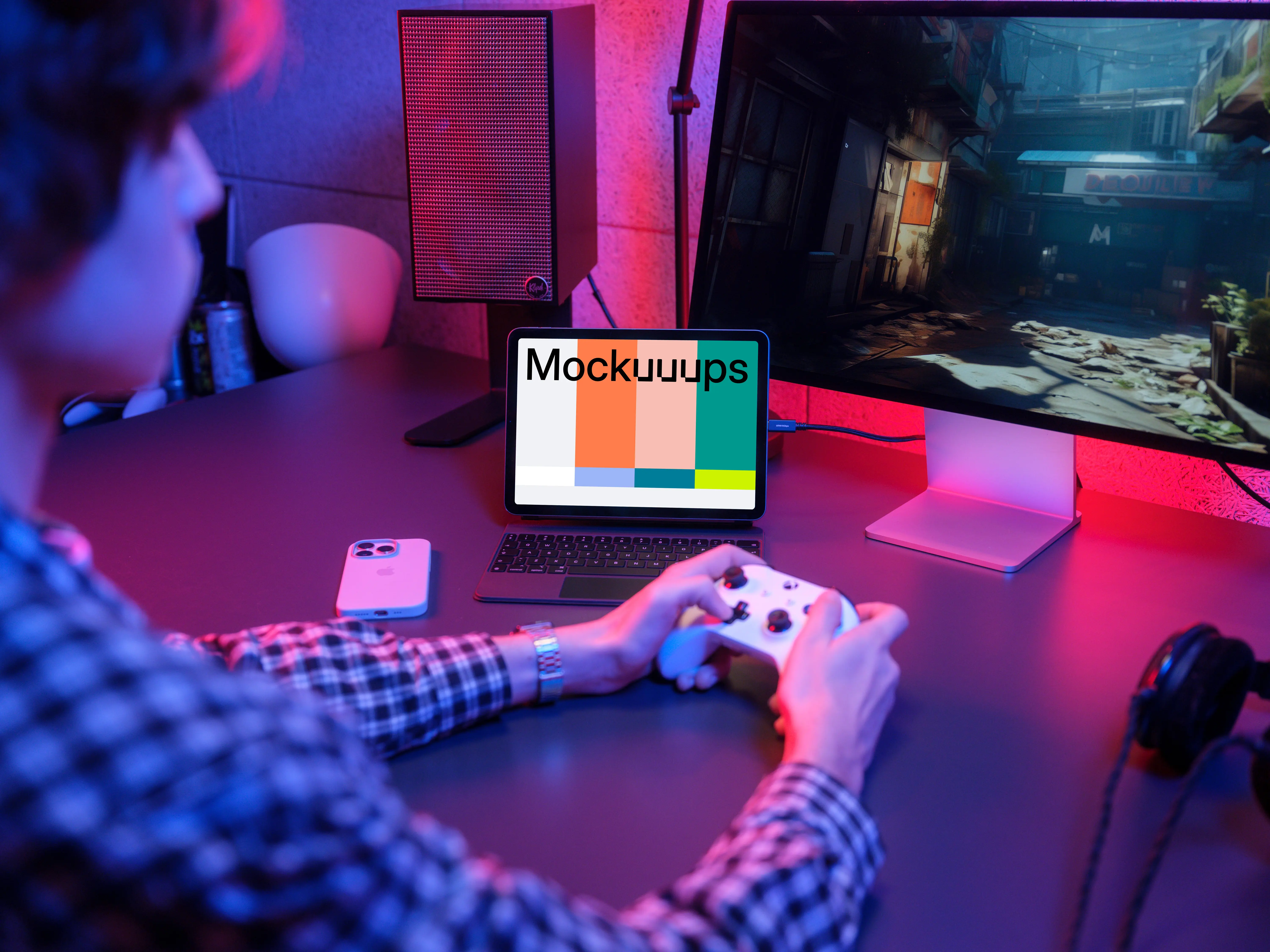 iPad Air Mockup in Gaming Setup with Controller and LED Lights