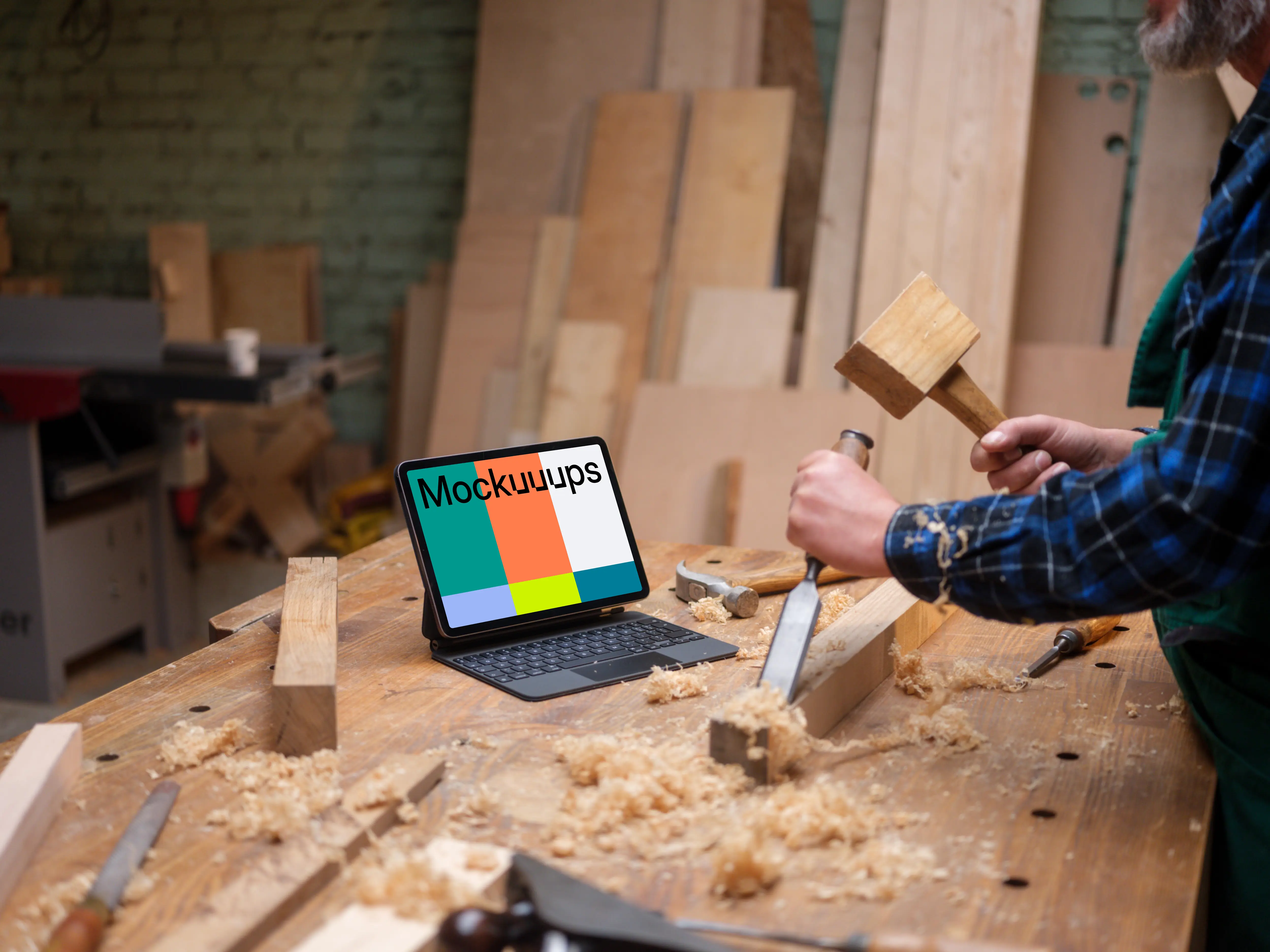 iPad Air mockup in the woodworking workshop