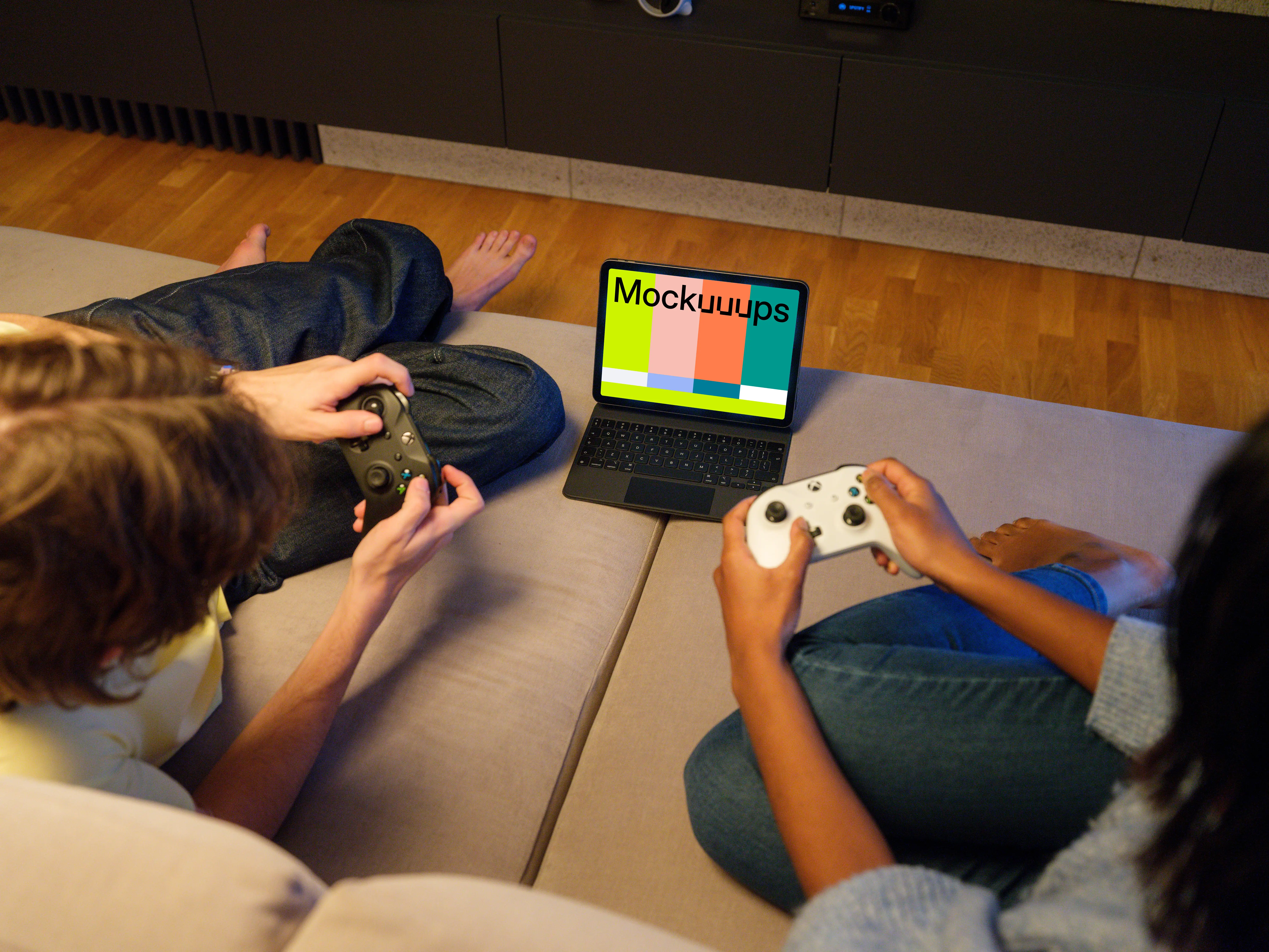 iPad Air Mockup on a Cozy Sofa during Gaming Session