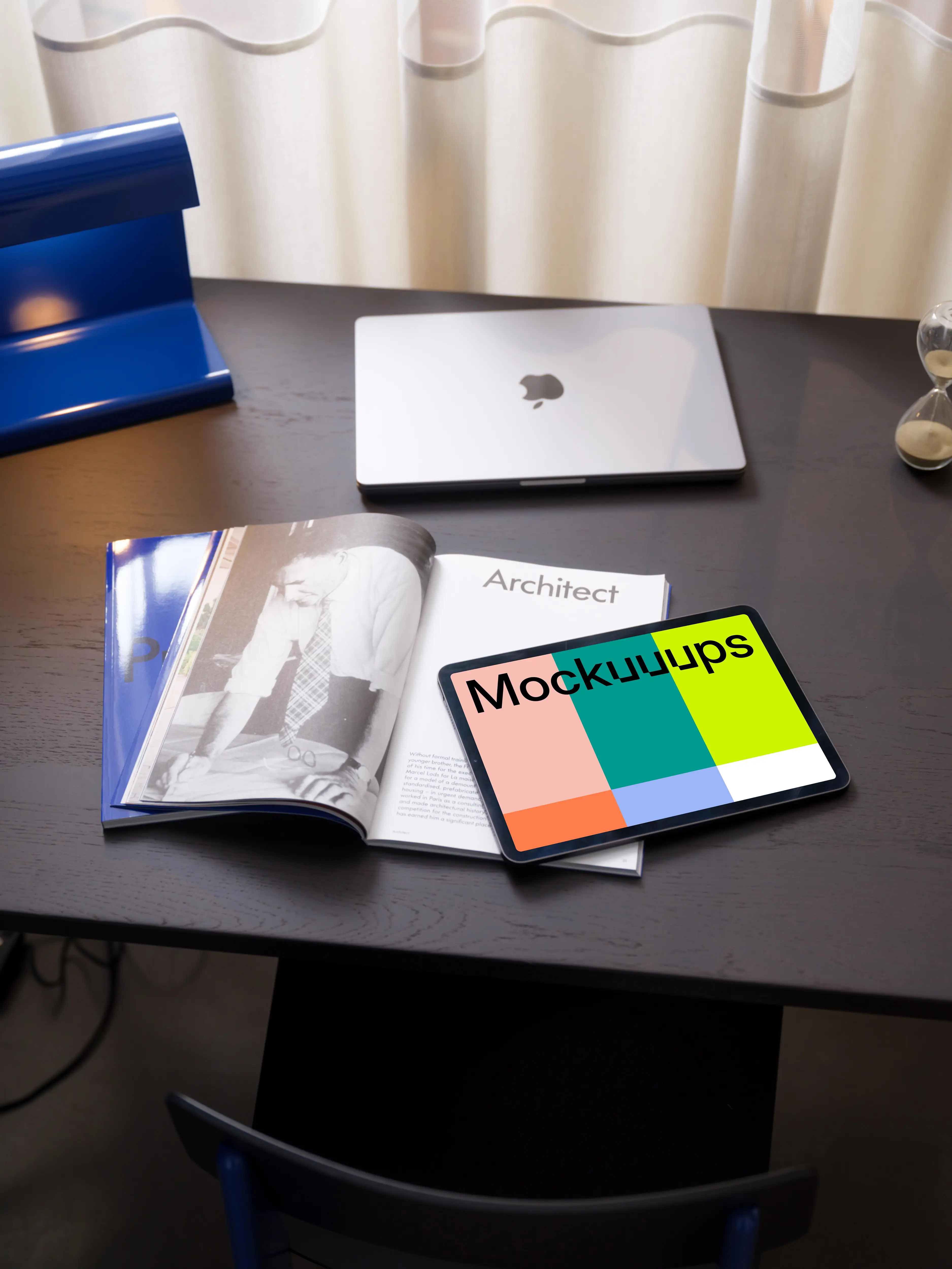 iPad Air mockup on a table with magazine