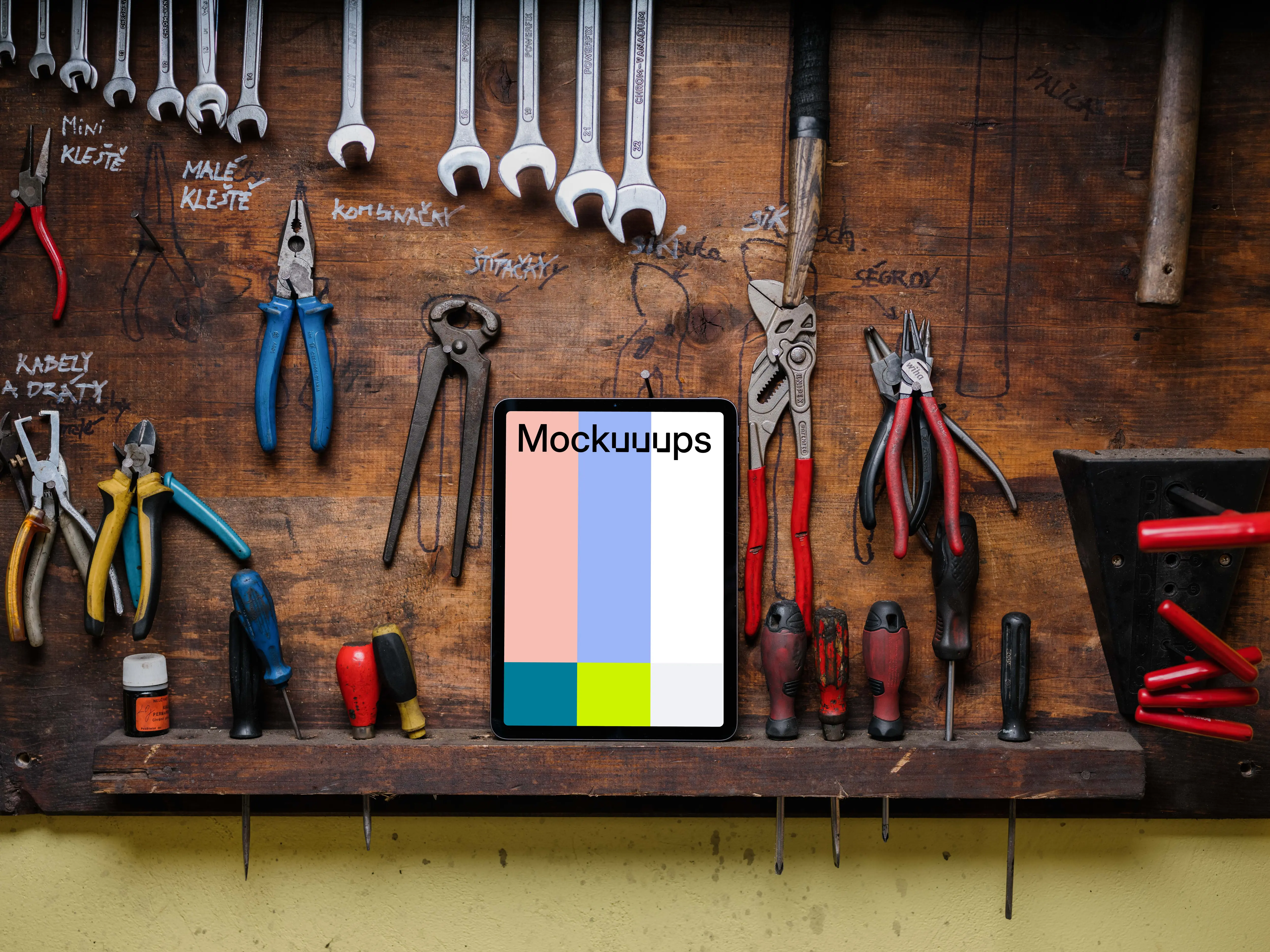 iPad Air mockup placed in a tool rack.