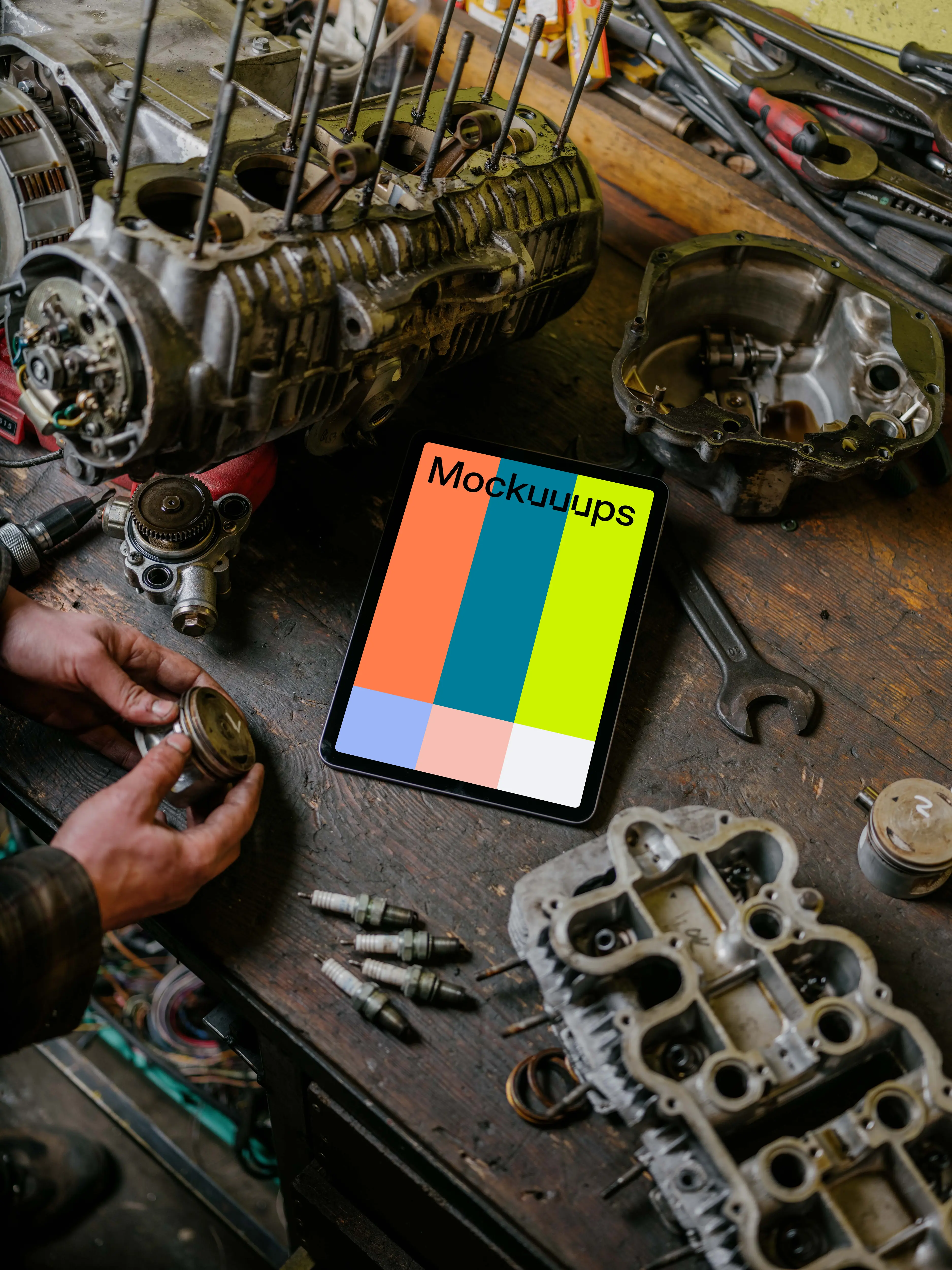 iPad Air mockup placed on a workbench