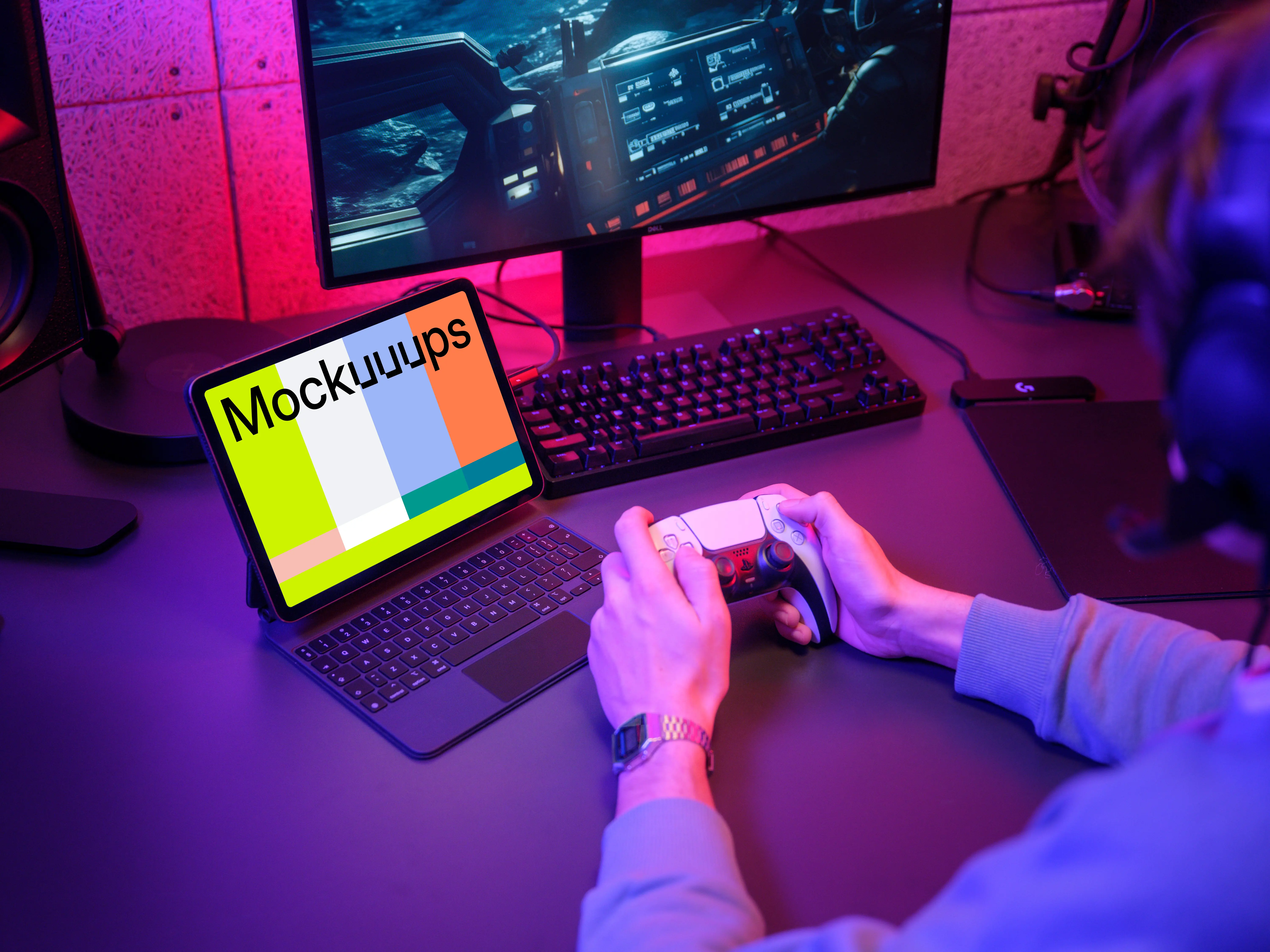 iPad Air mockup with gaming controller in neon-lit room