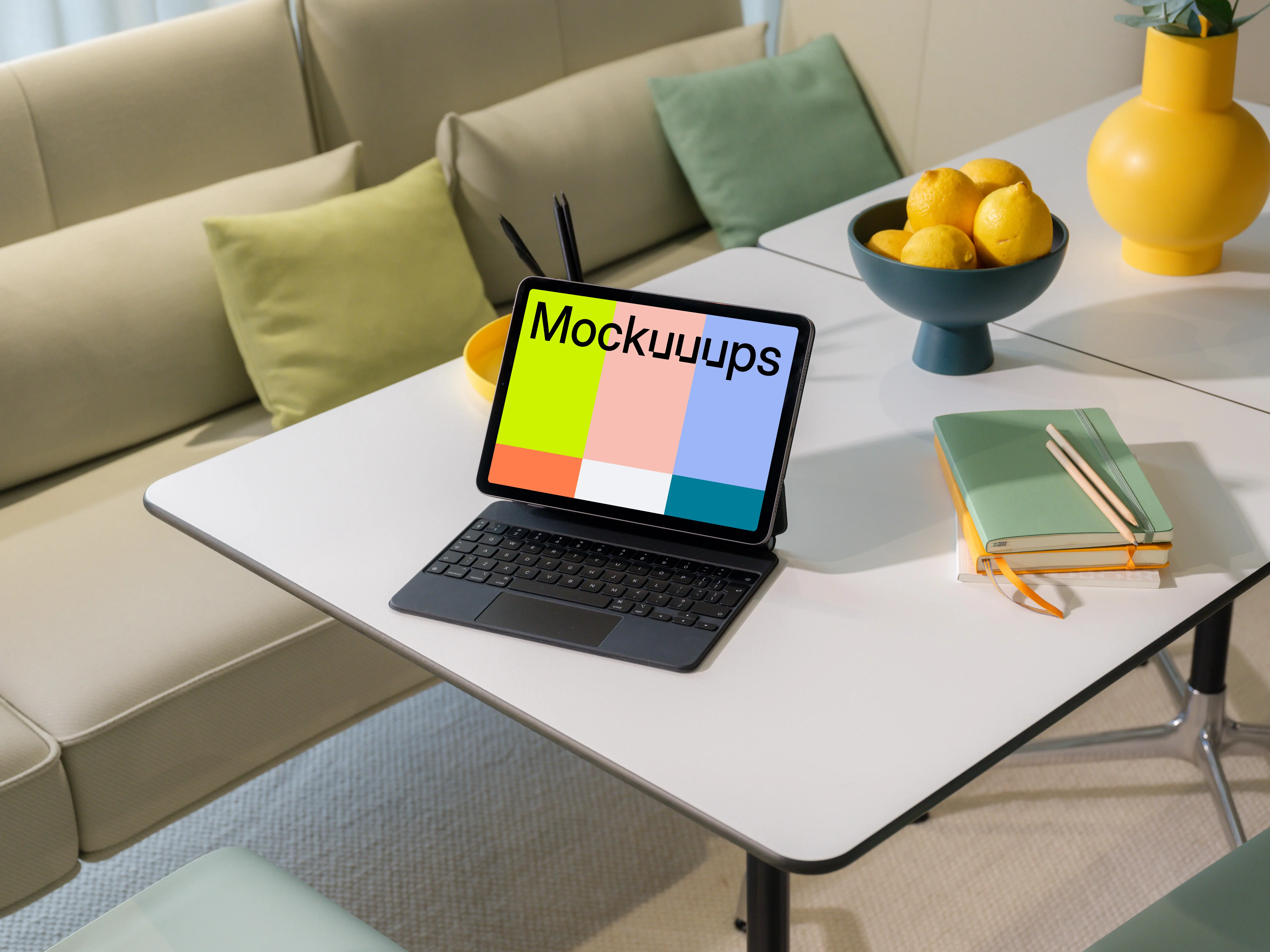 iPad Air mockup with keyboard on a modern living room table