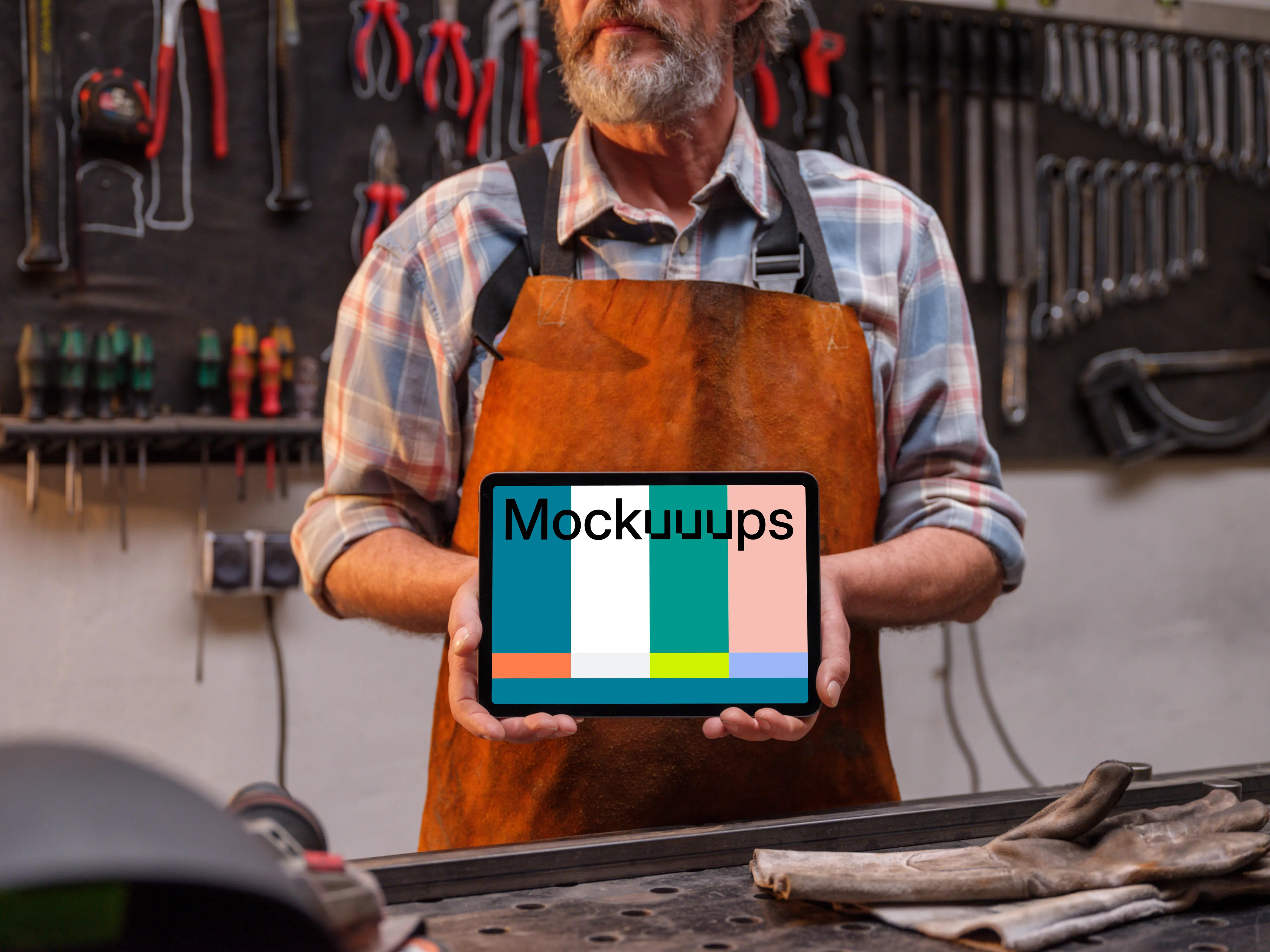 iPad mockup held by the leather crafter
