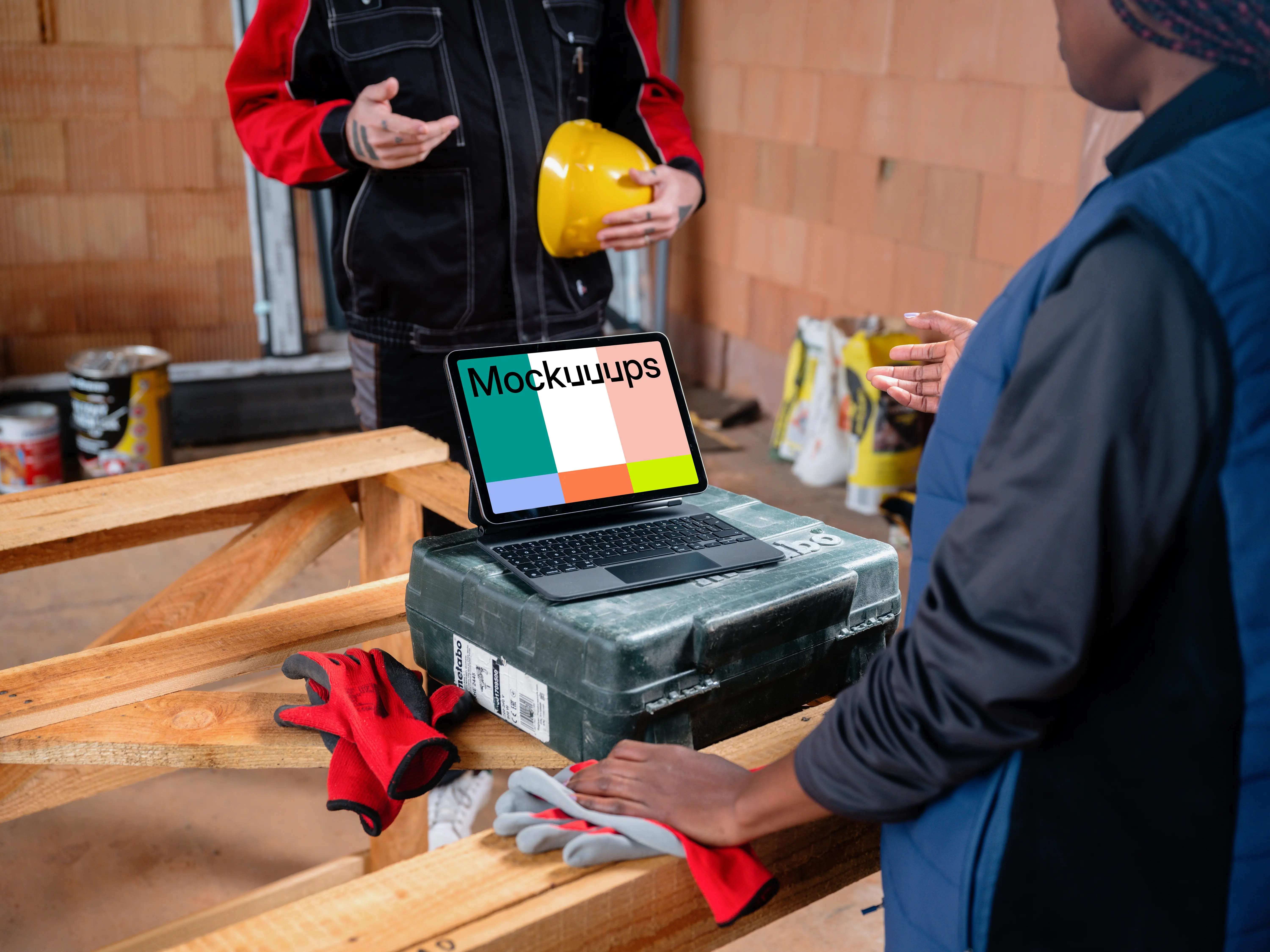 iPad mockup in the construction project ground