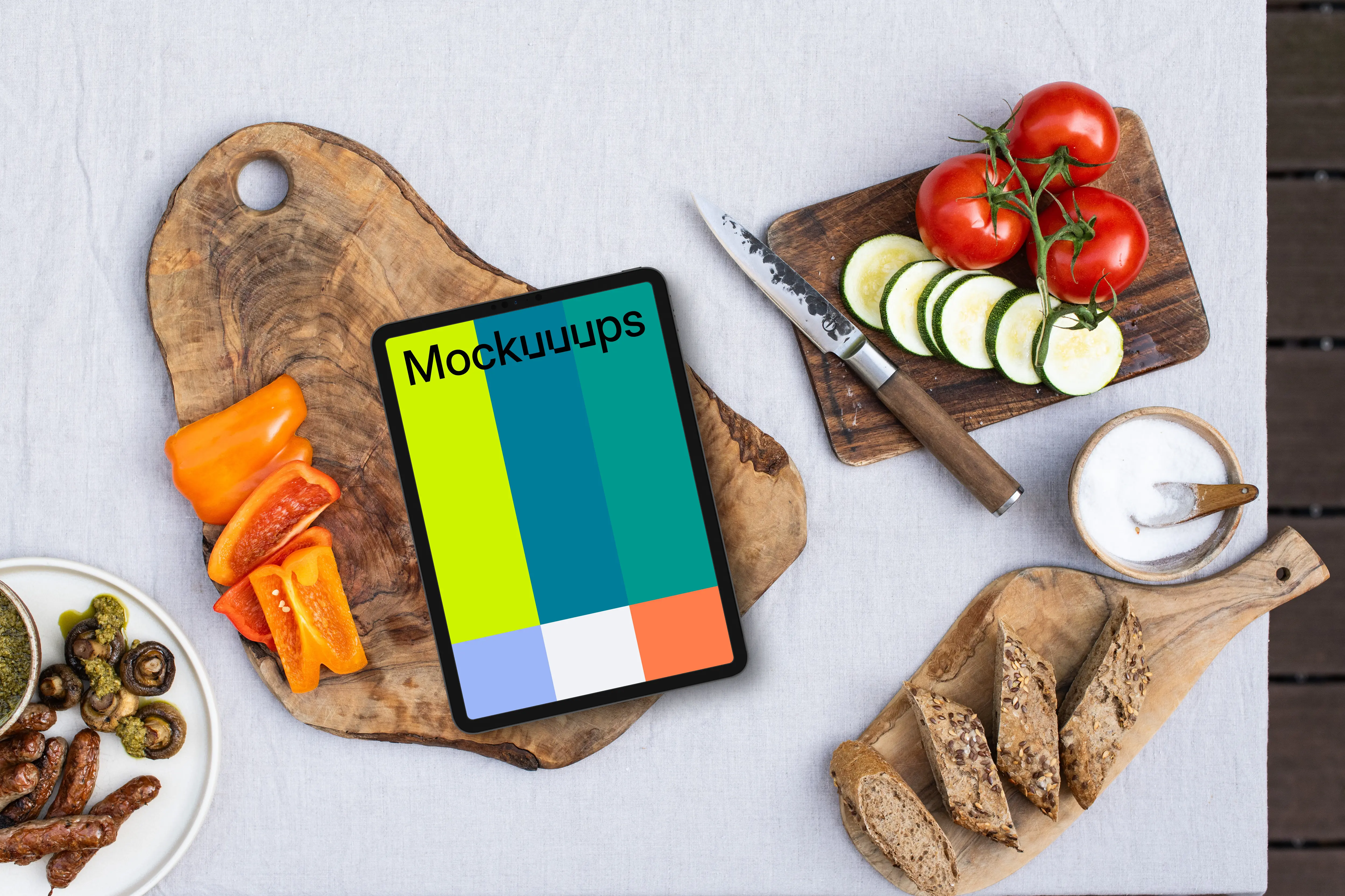 iPad mockup in the middle of food