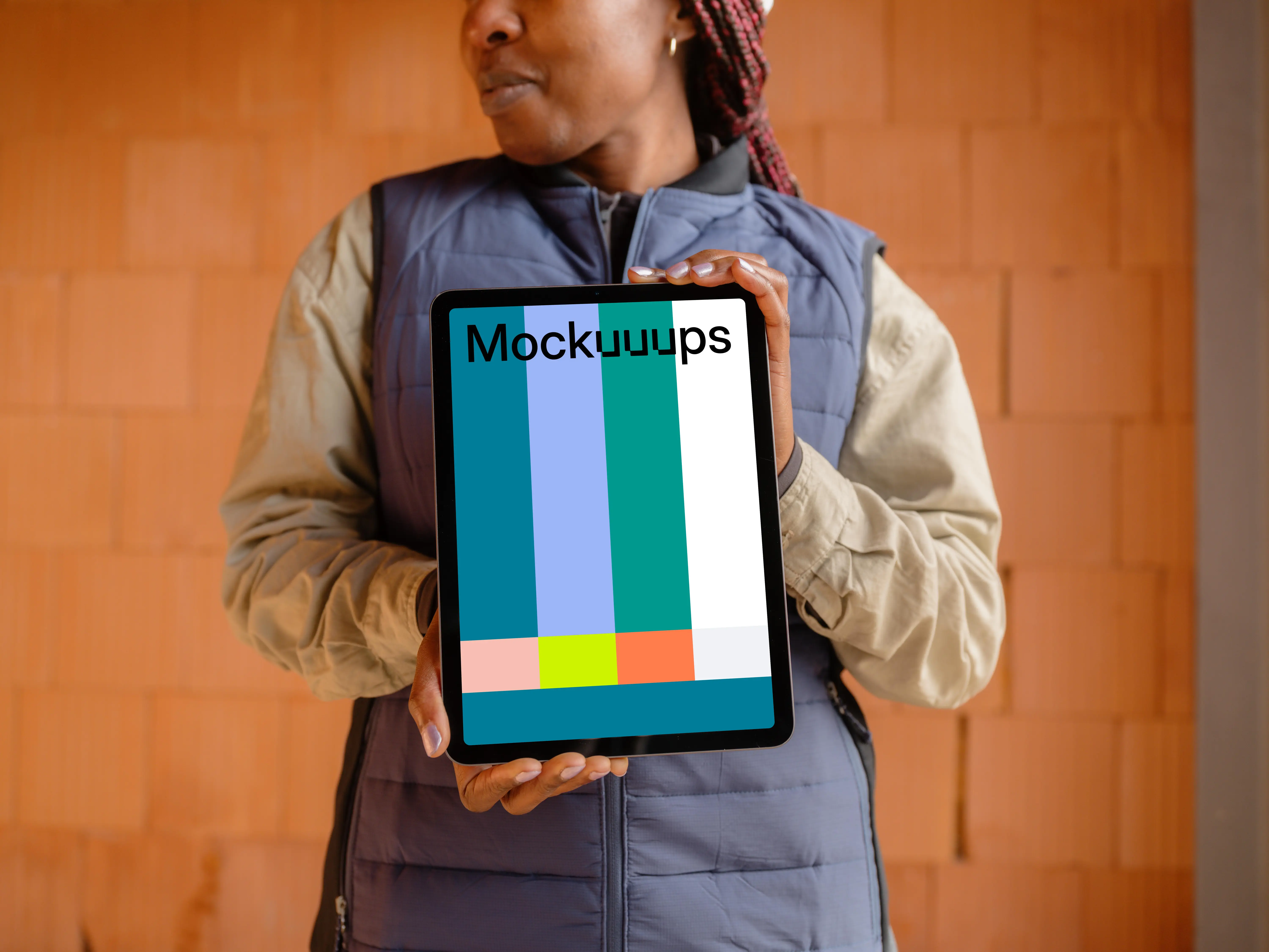 iPad mockup with women in construction context