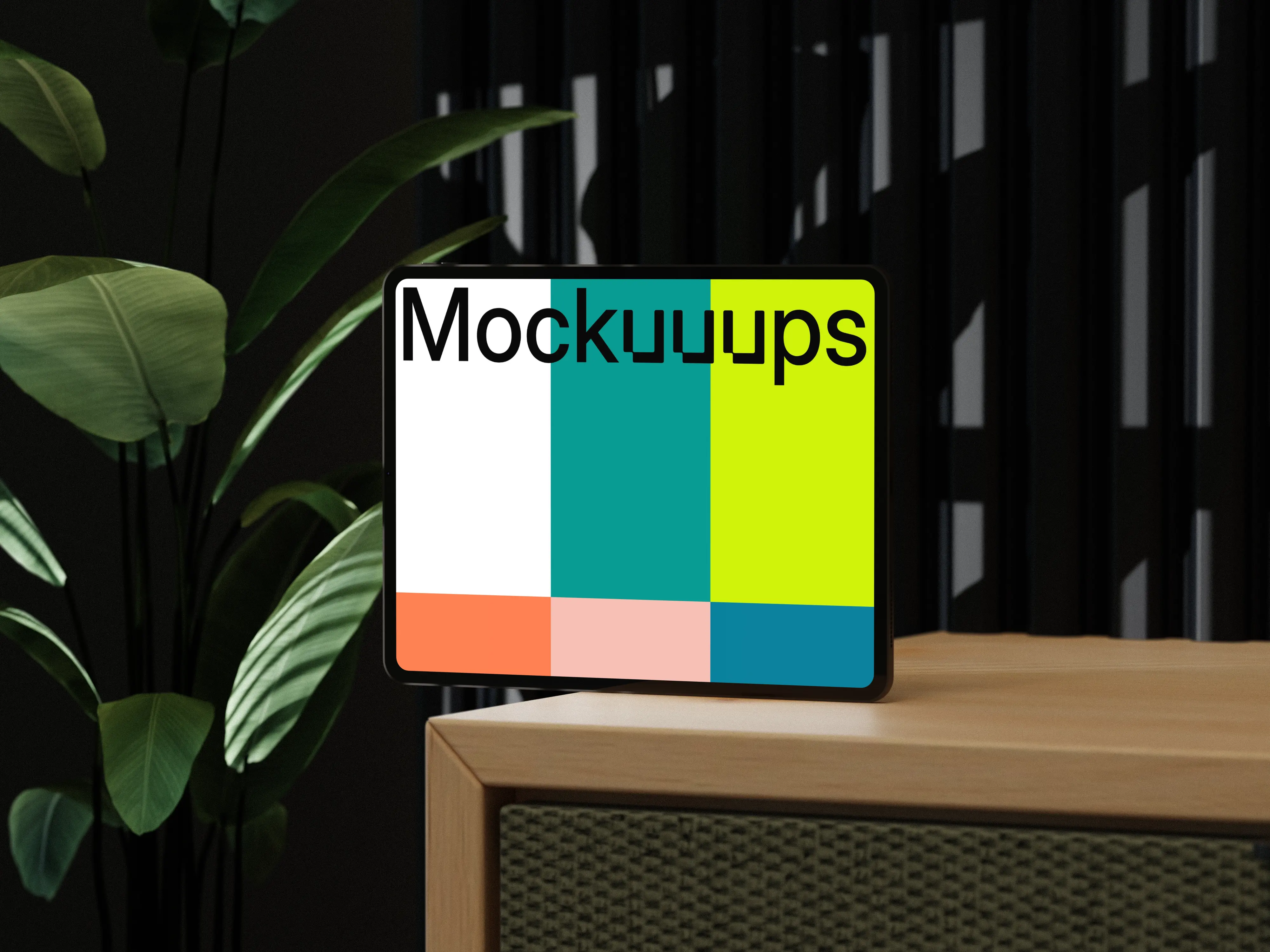 iPad Pro 12.9-inch mockup on a wooden stand with plants