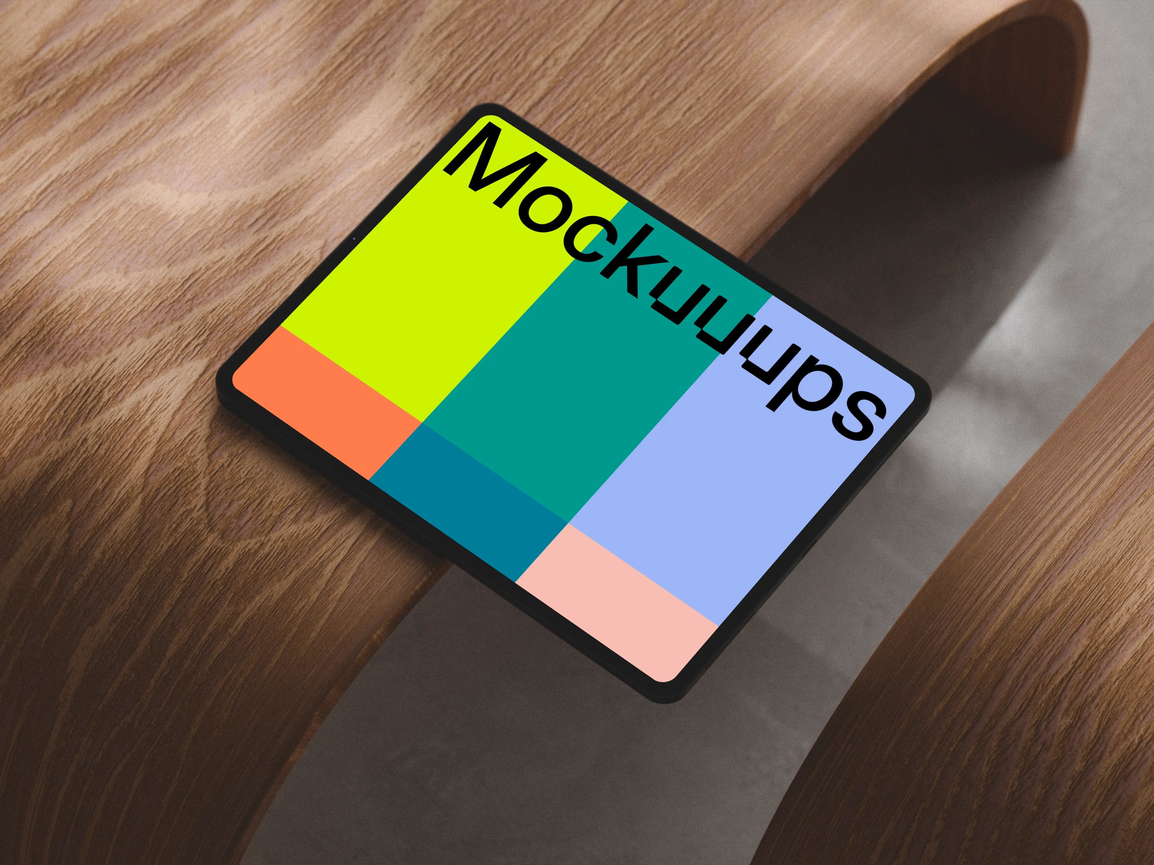 iPad Pro landscape mockup on curved wooden surface