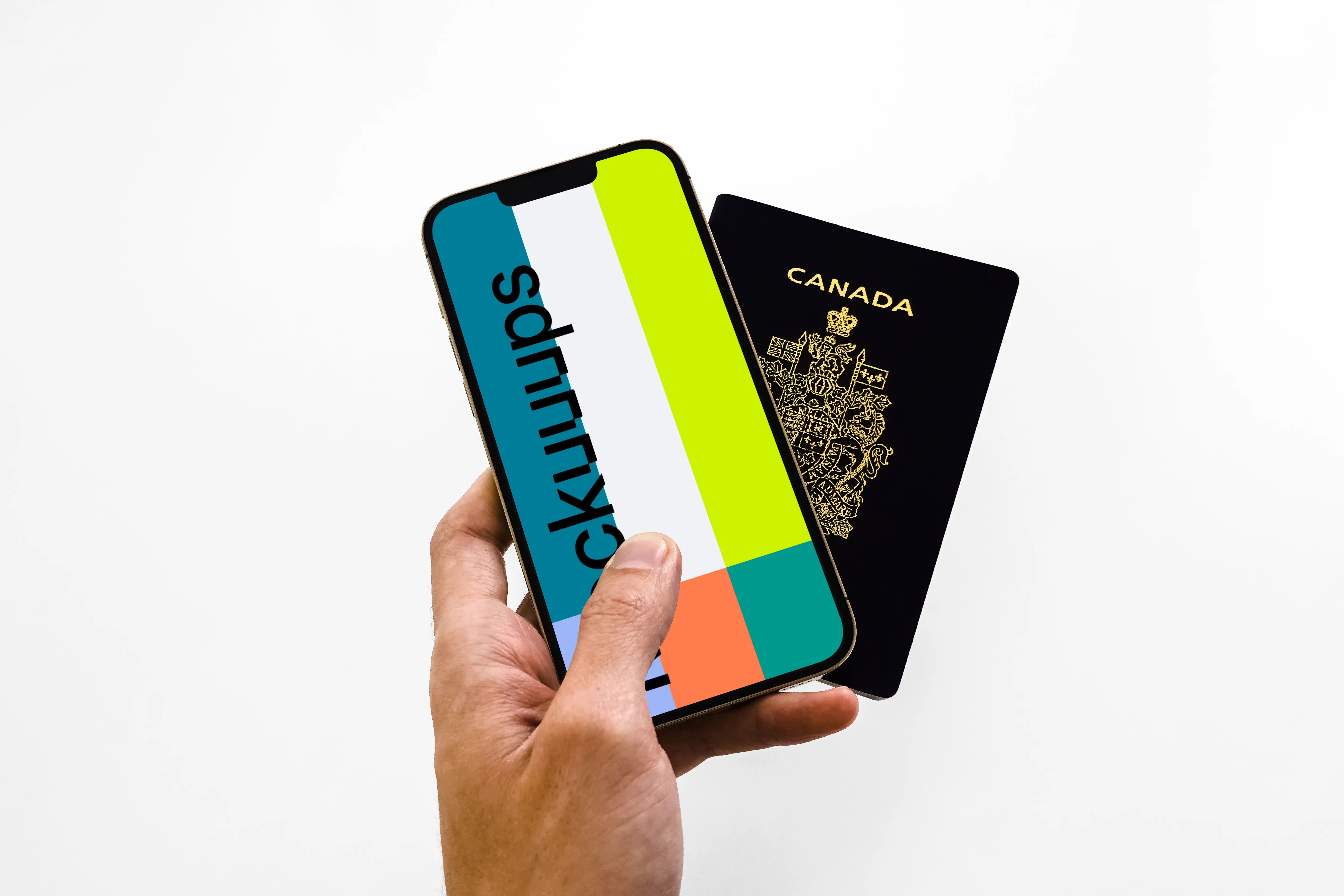 iPhone 13 mockup and passport held by user