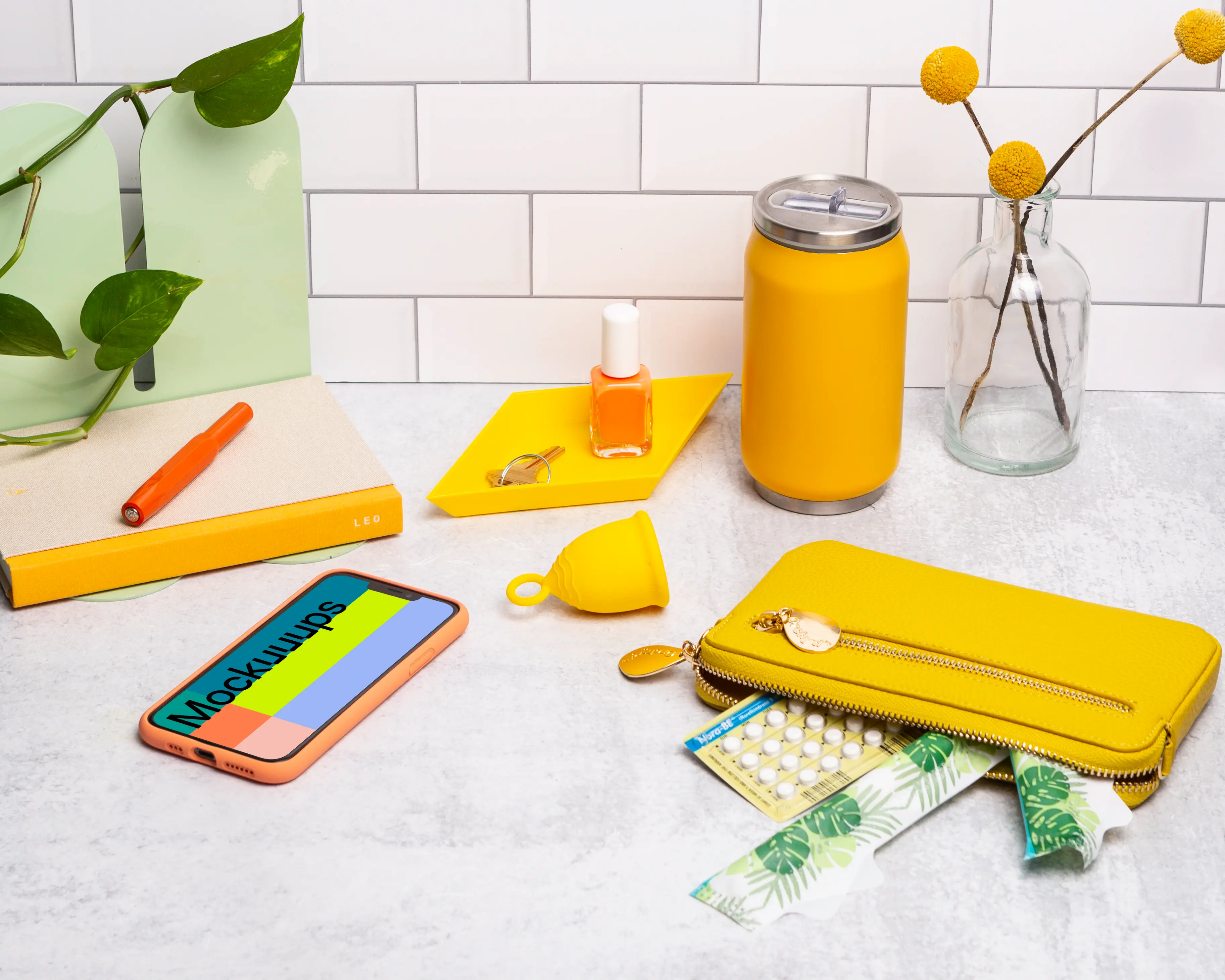 iPhone 13 mockup on a bathroom counter