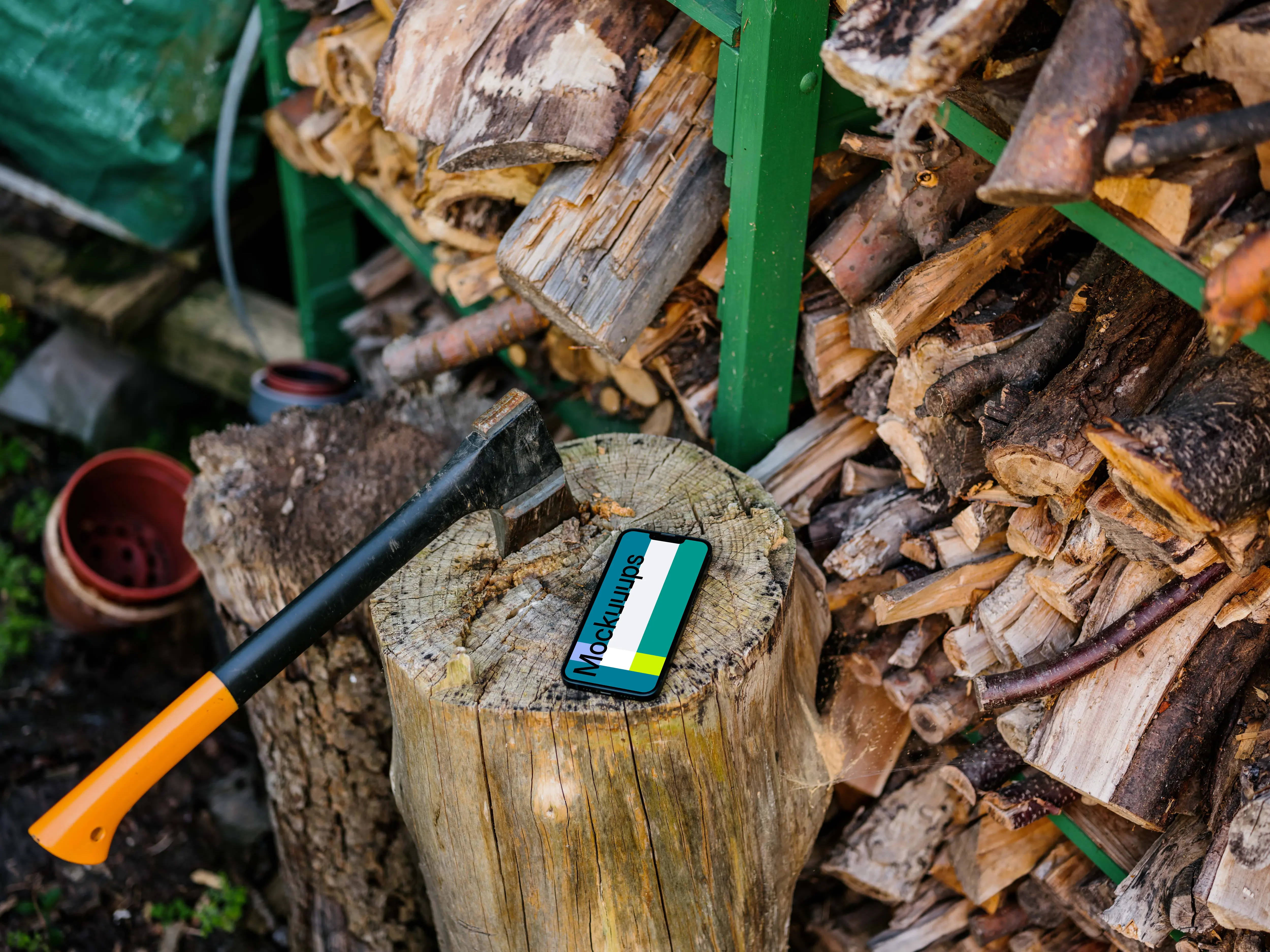 iPhone 13 mockup on a tree stump
