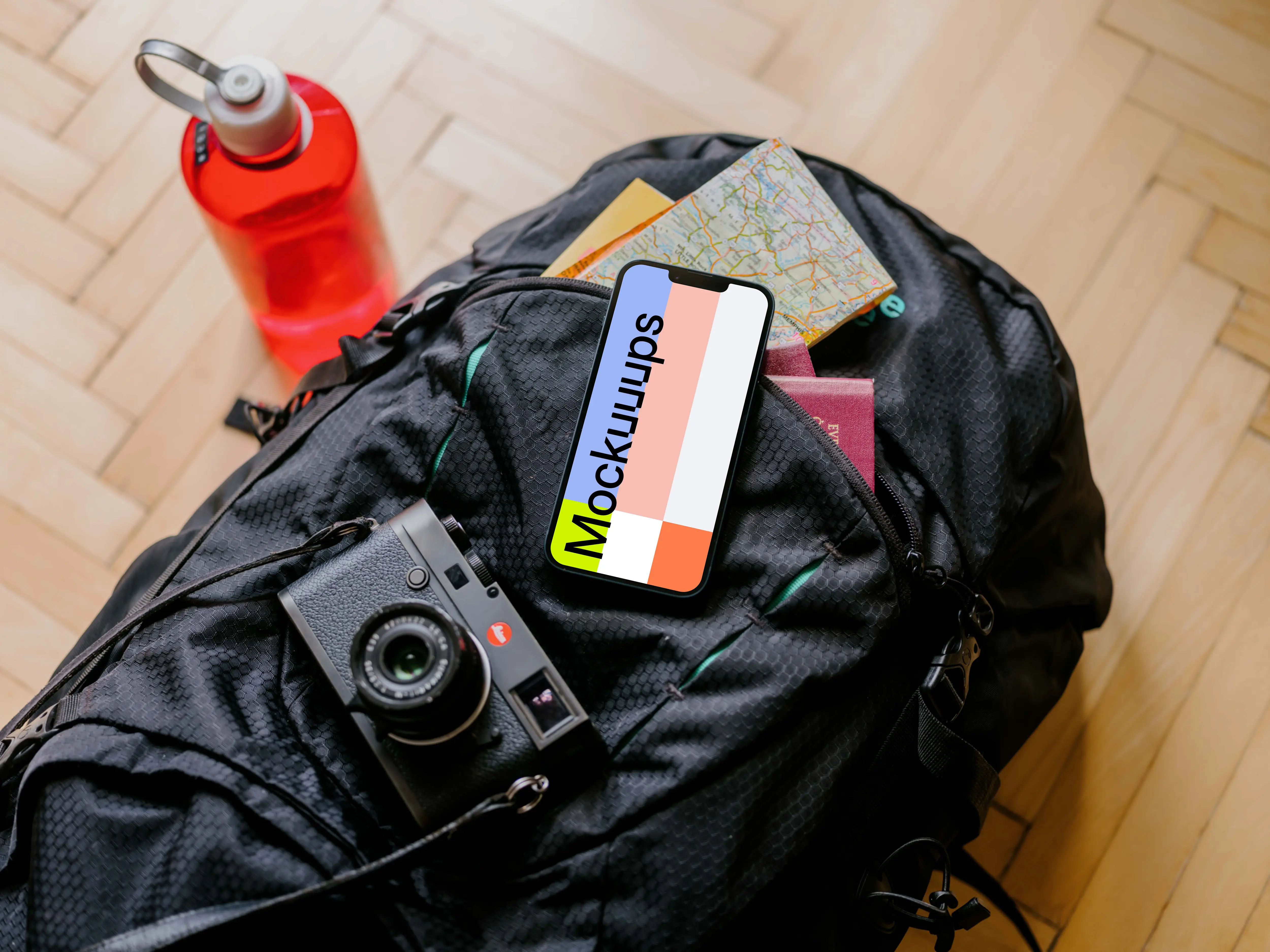 iPhone 13 mockup on backpack