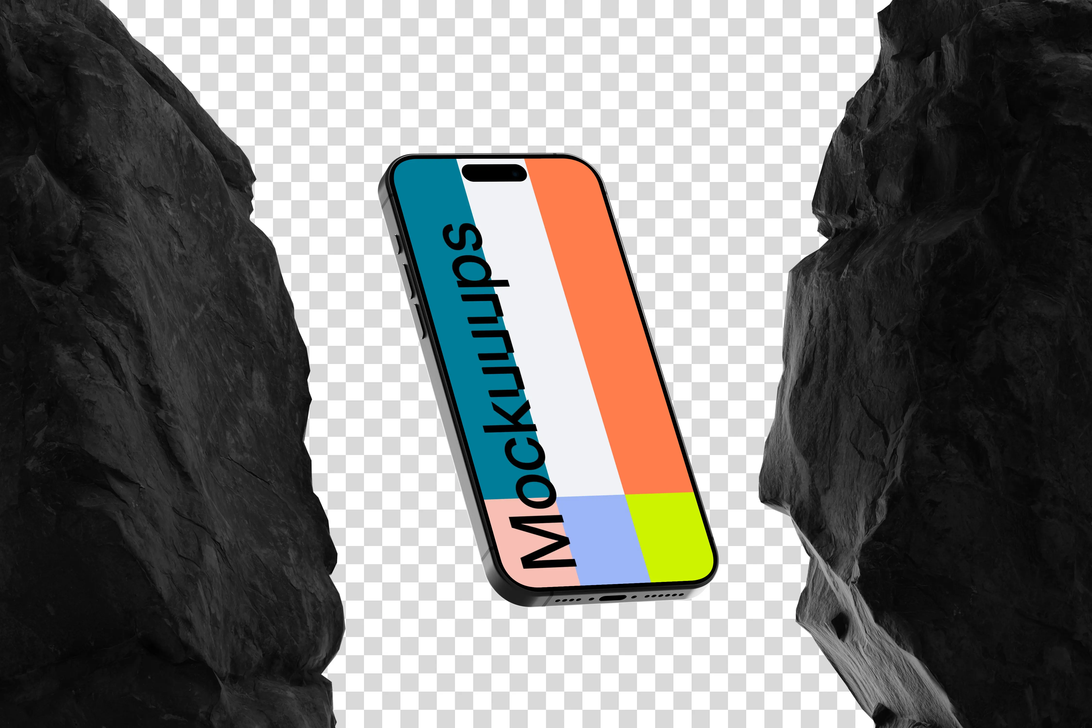 iPhone 15 Pro mockup between textured rocks