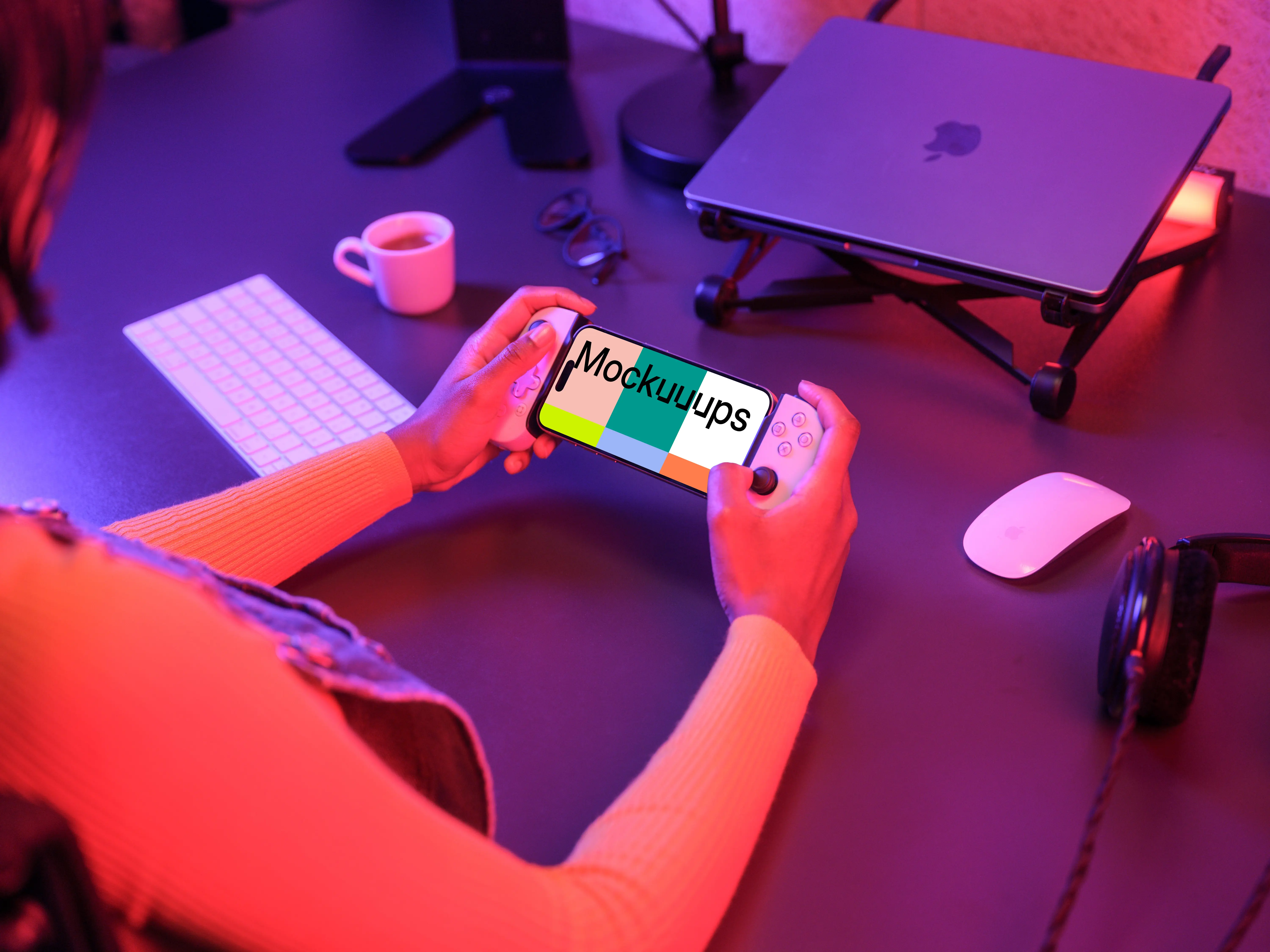 iPhone 15 Pro mockup for gaming in a vibrant setting