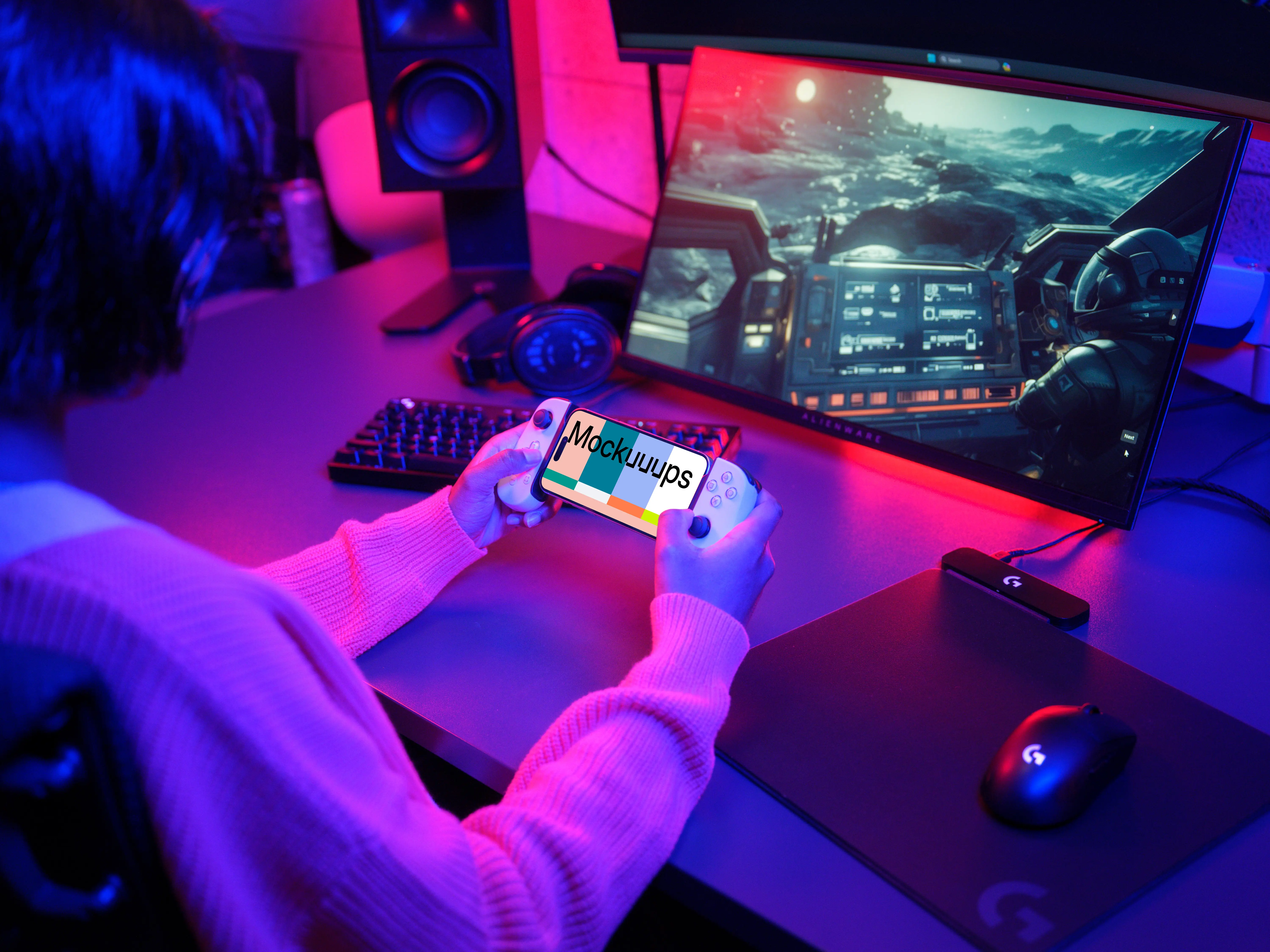 iPhone 15 Pro mockup gaming setup with dynamic lighting