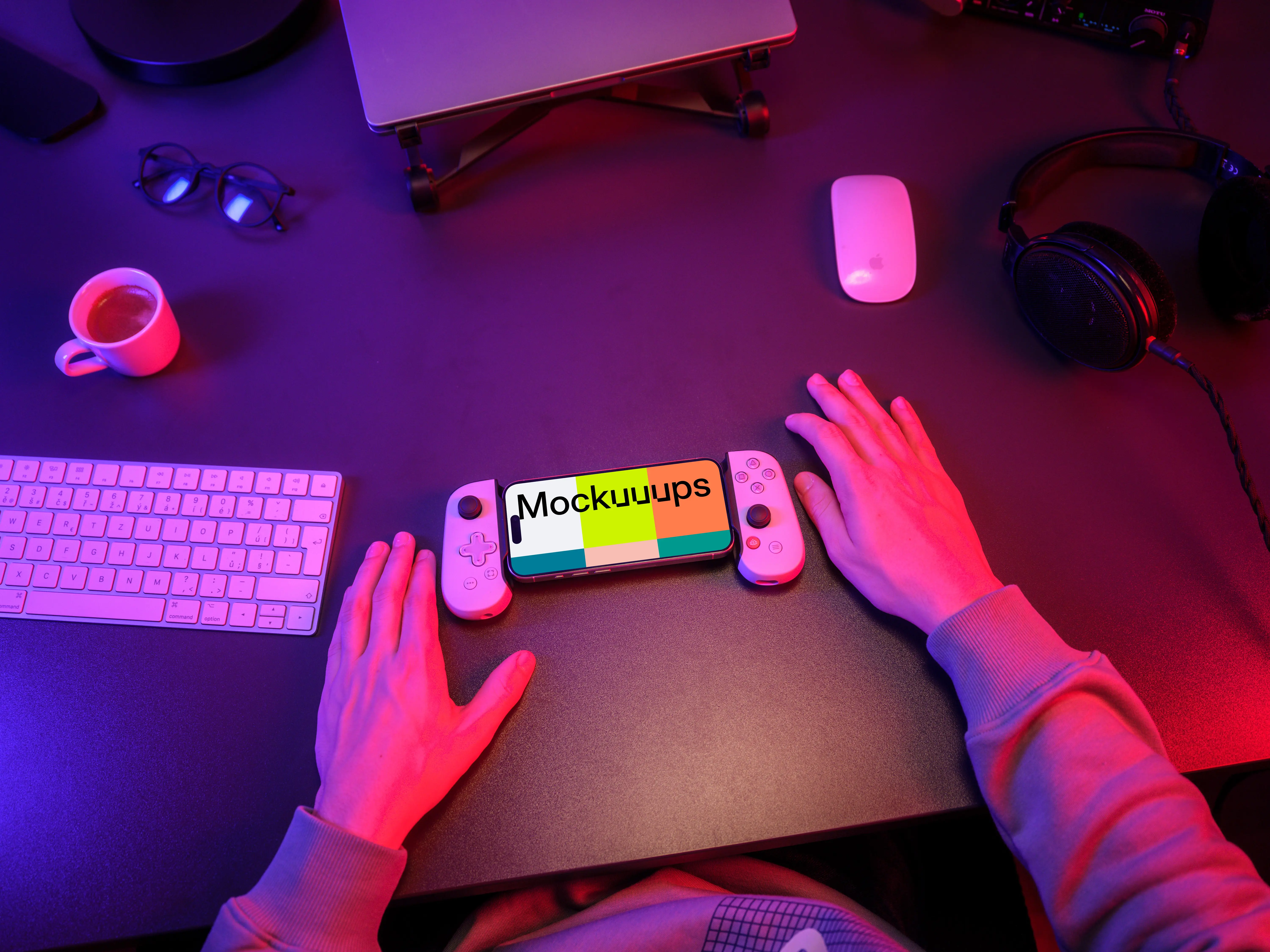 iPhone 15 Pro mockup gaming setup with handheld controller